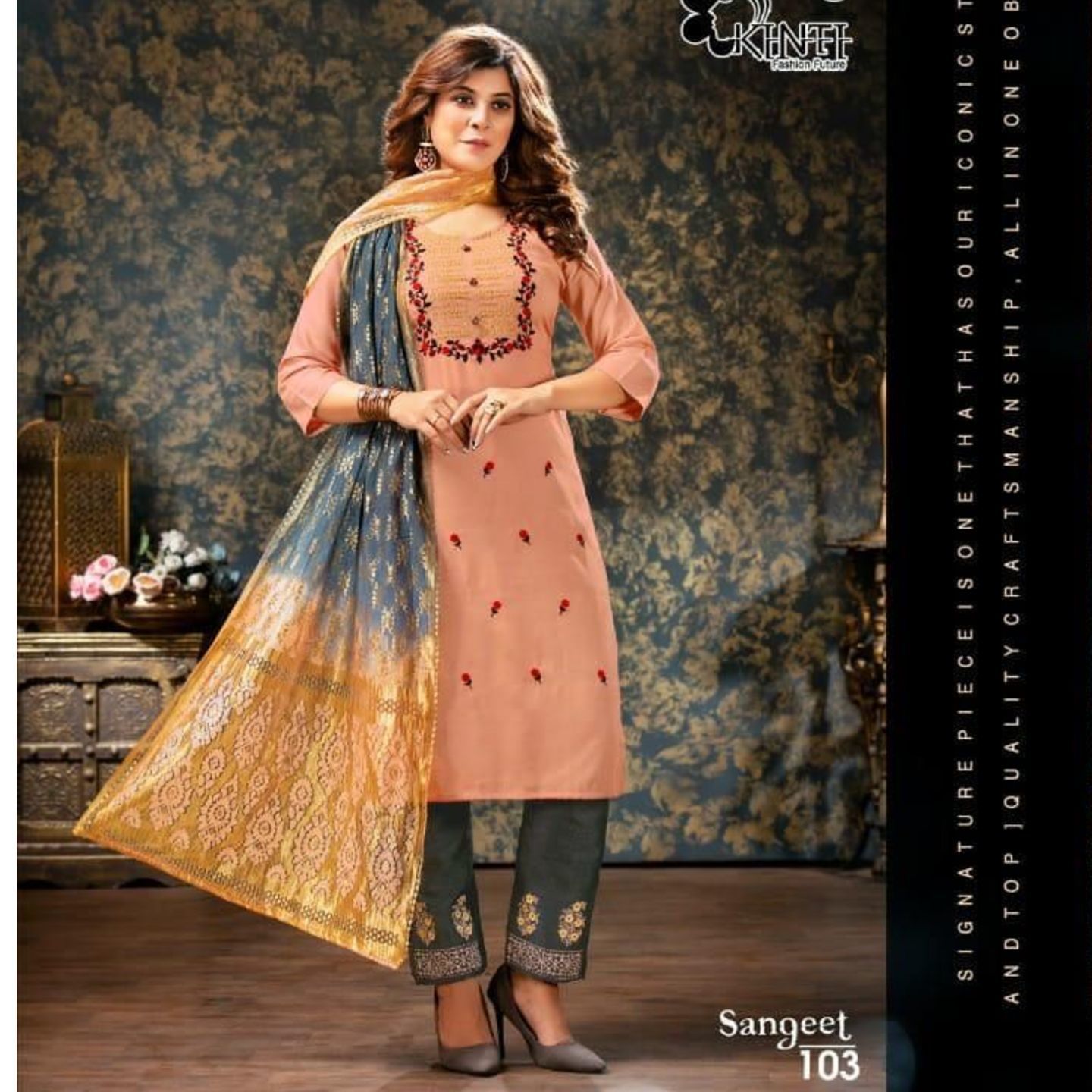 Talk By Fashion Women Peach & Gray Color Embroidered Cotton Kurta with Pants & Dupatta