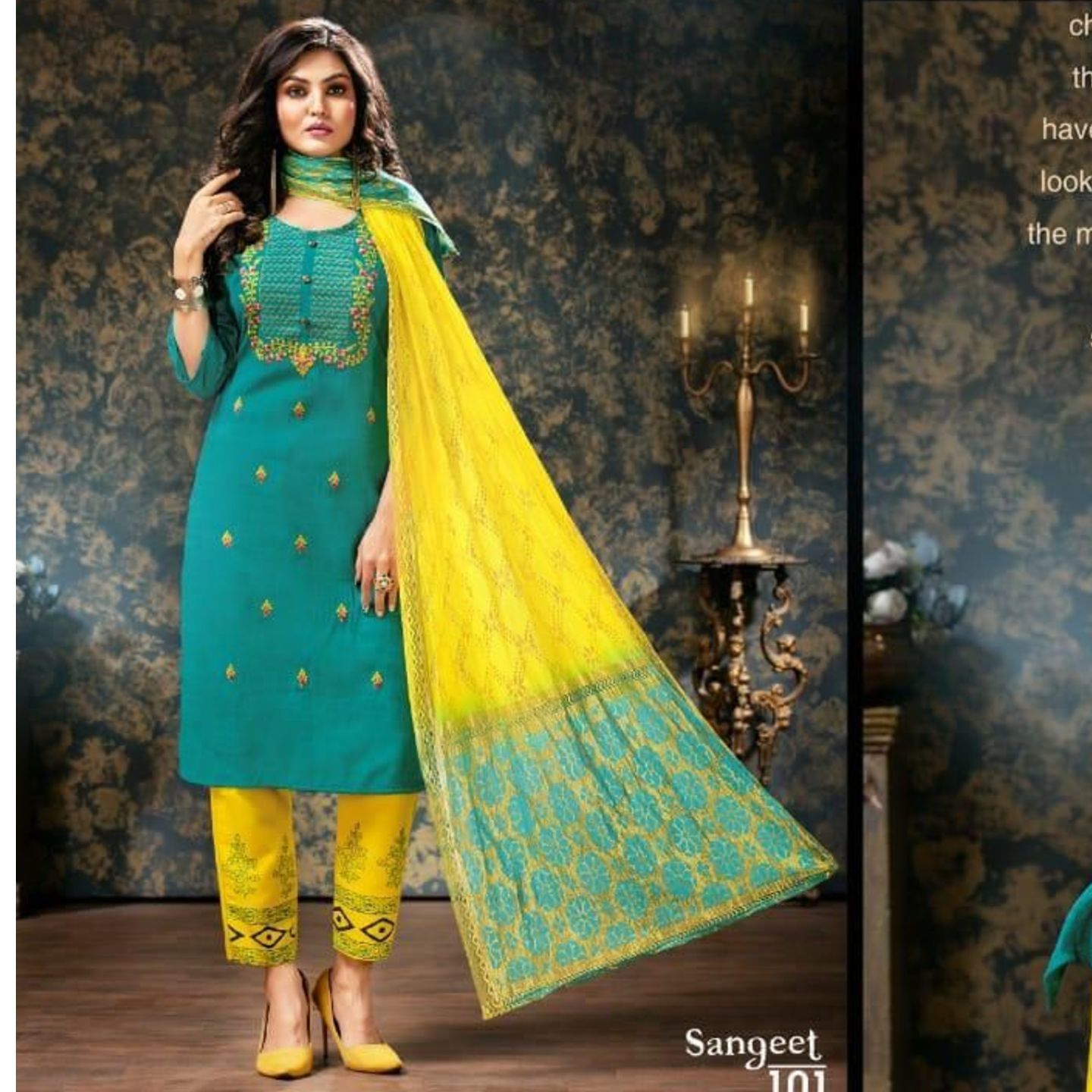 Women Sky Blue & Yellow Color Embroidered Cotton Kurta with Pants & Dupatta