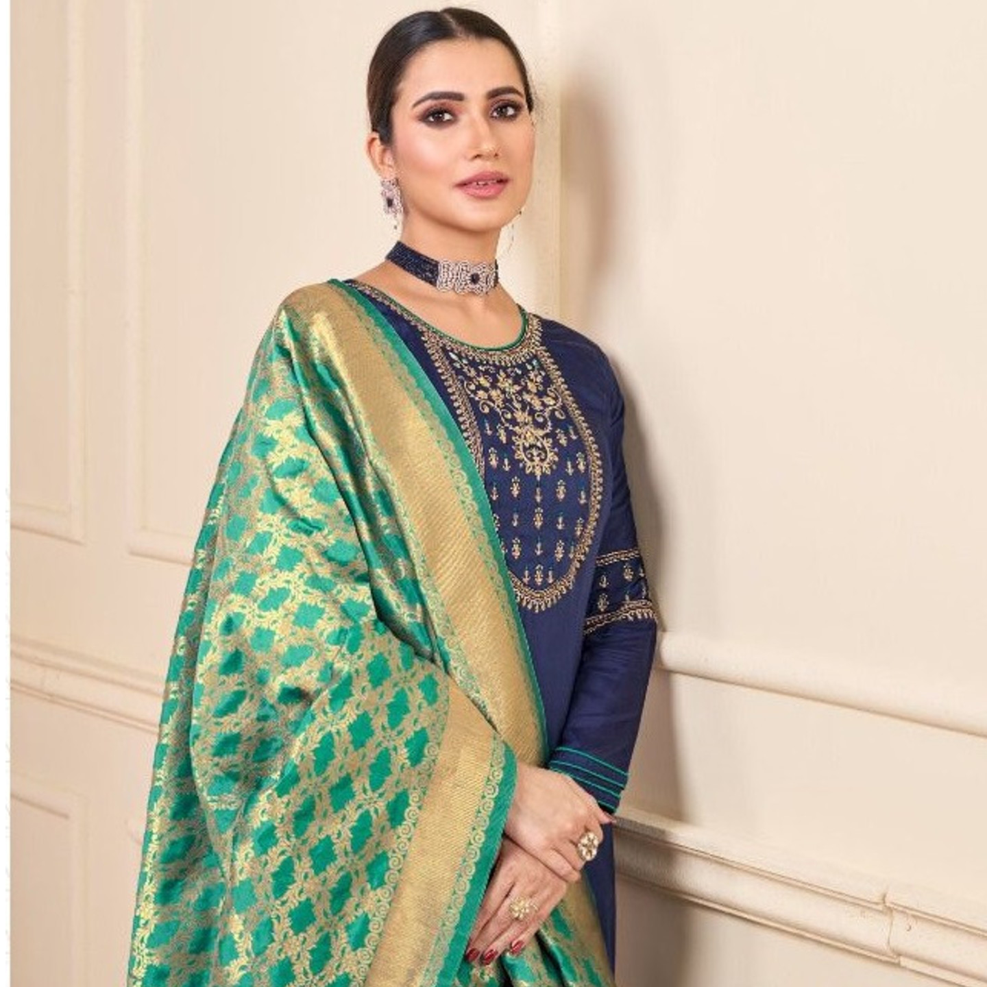 Women Dark Blue Embroidered Kurta with Palazzo & Banarasi Dupatta Set