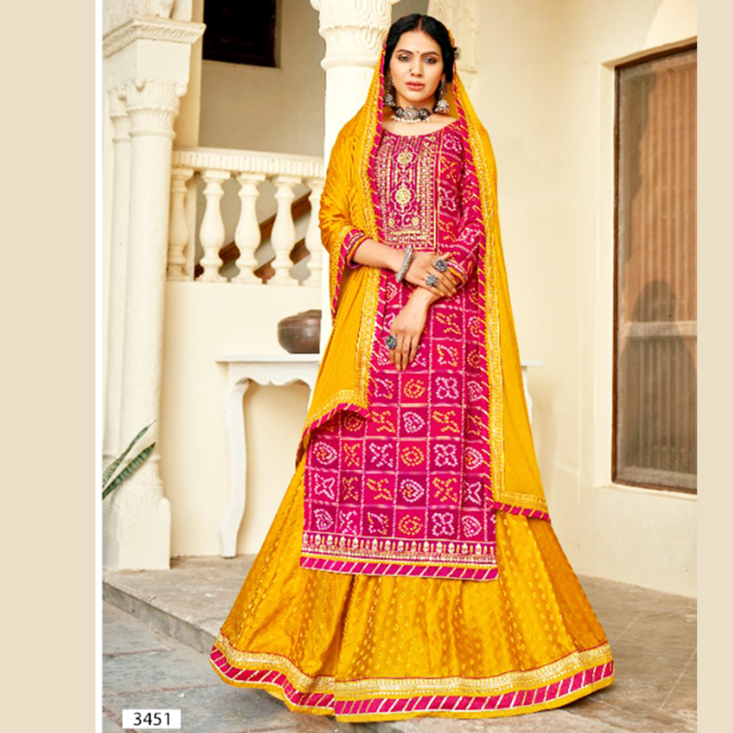 Talk By Fashion Women Bright Pink & Yellow Bandhani Kurta Skirt with Dupatta Set