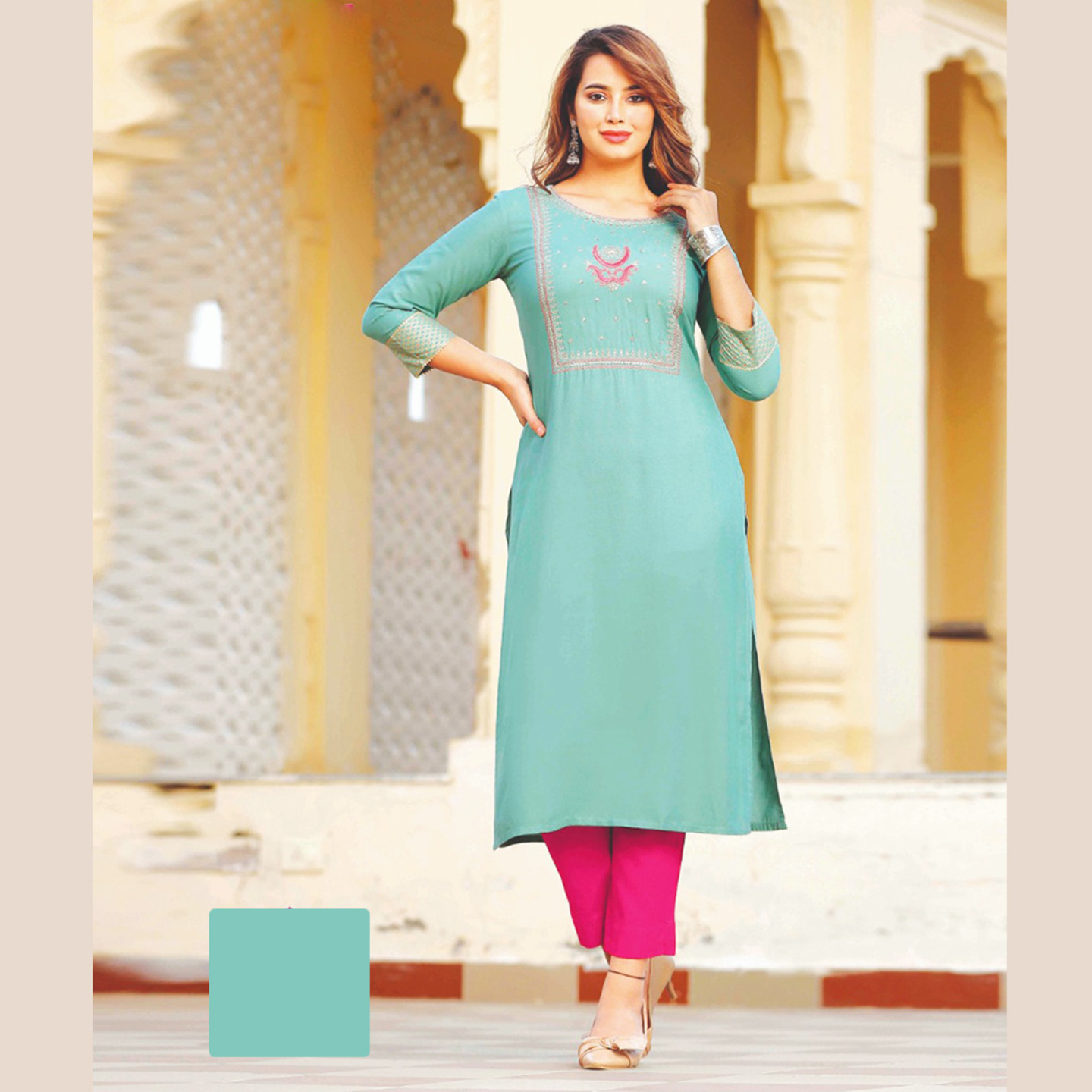 Liva Fashion Women Embroidered Light Pastel Sky Blue Color A-line Kurti