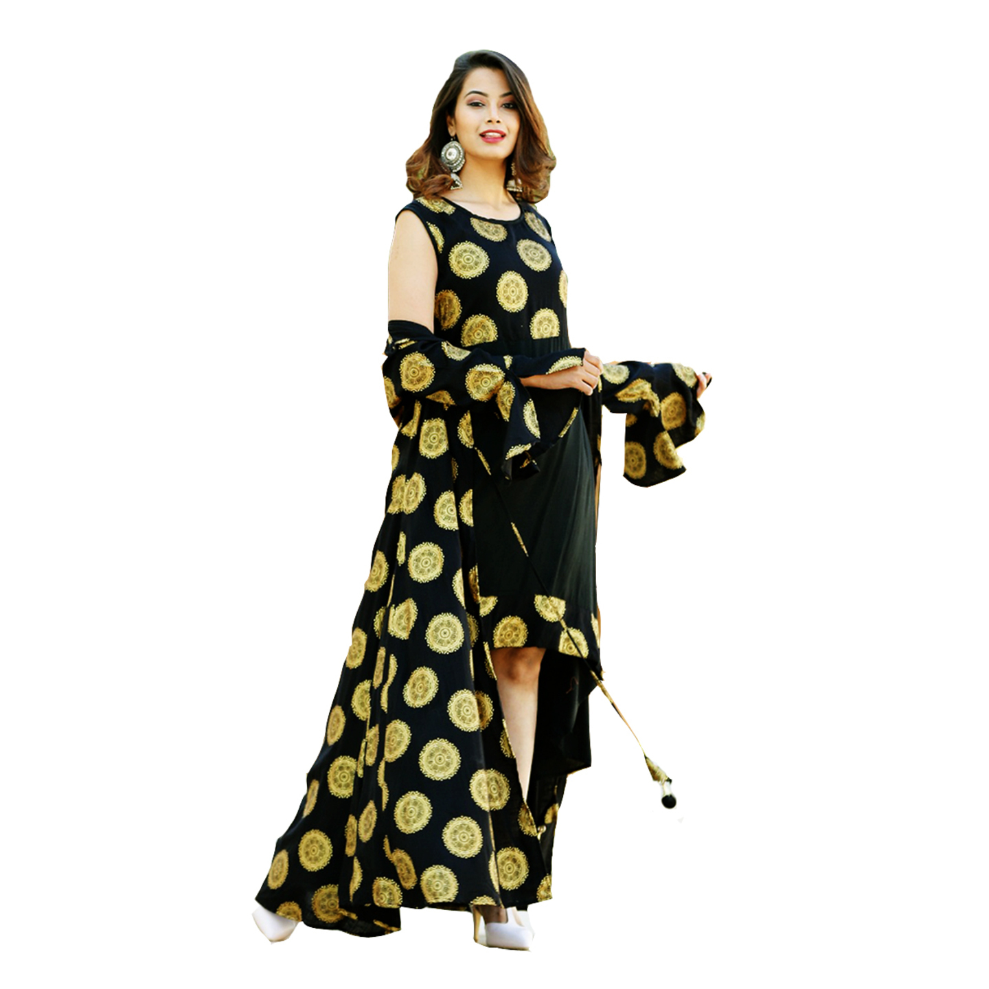 TBF Gold Printed Black Dress 2 Piece