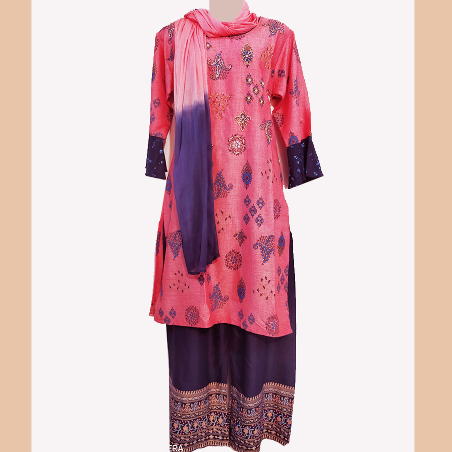 Women Pink with Blue Color Embroidered Kurta Set