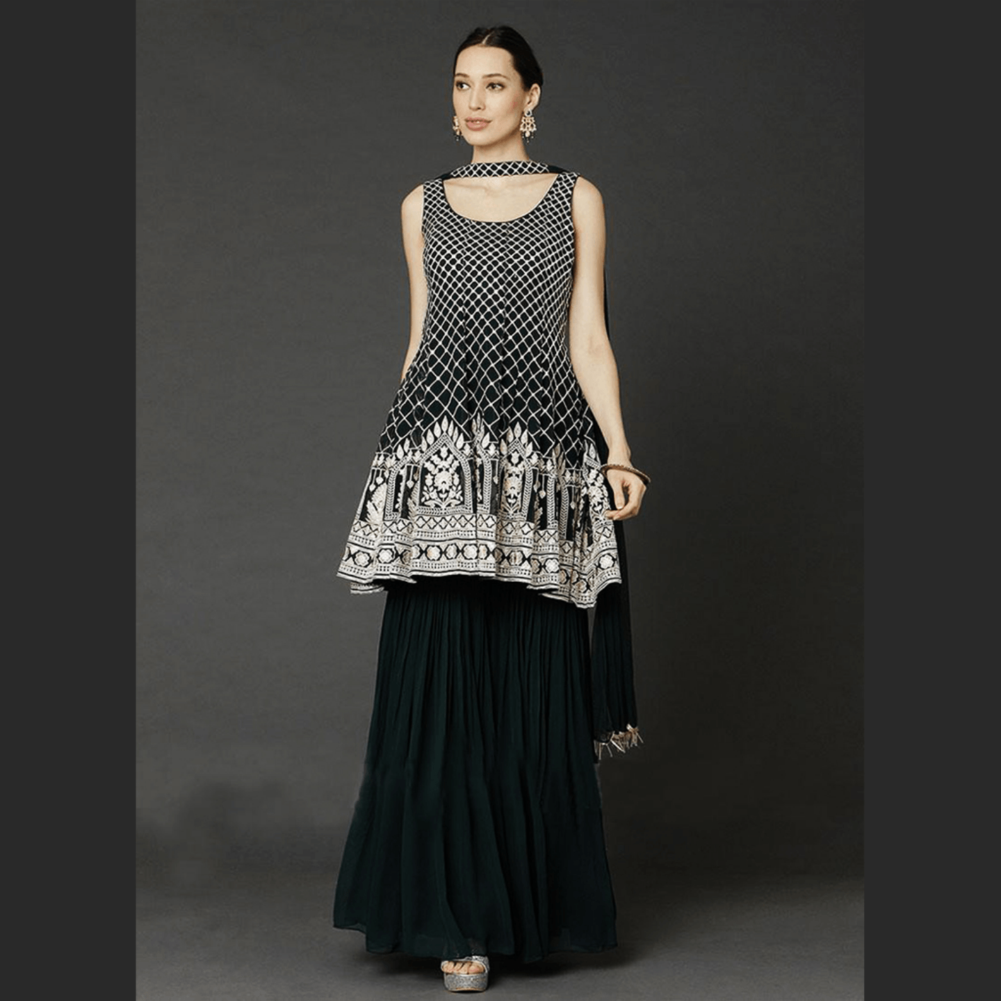 Women Bottle Green Color Embroidered Kurta with Sharara Dupatta Set