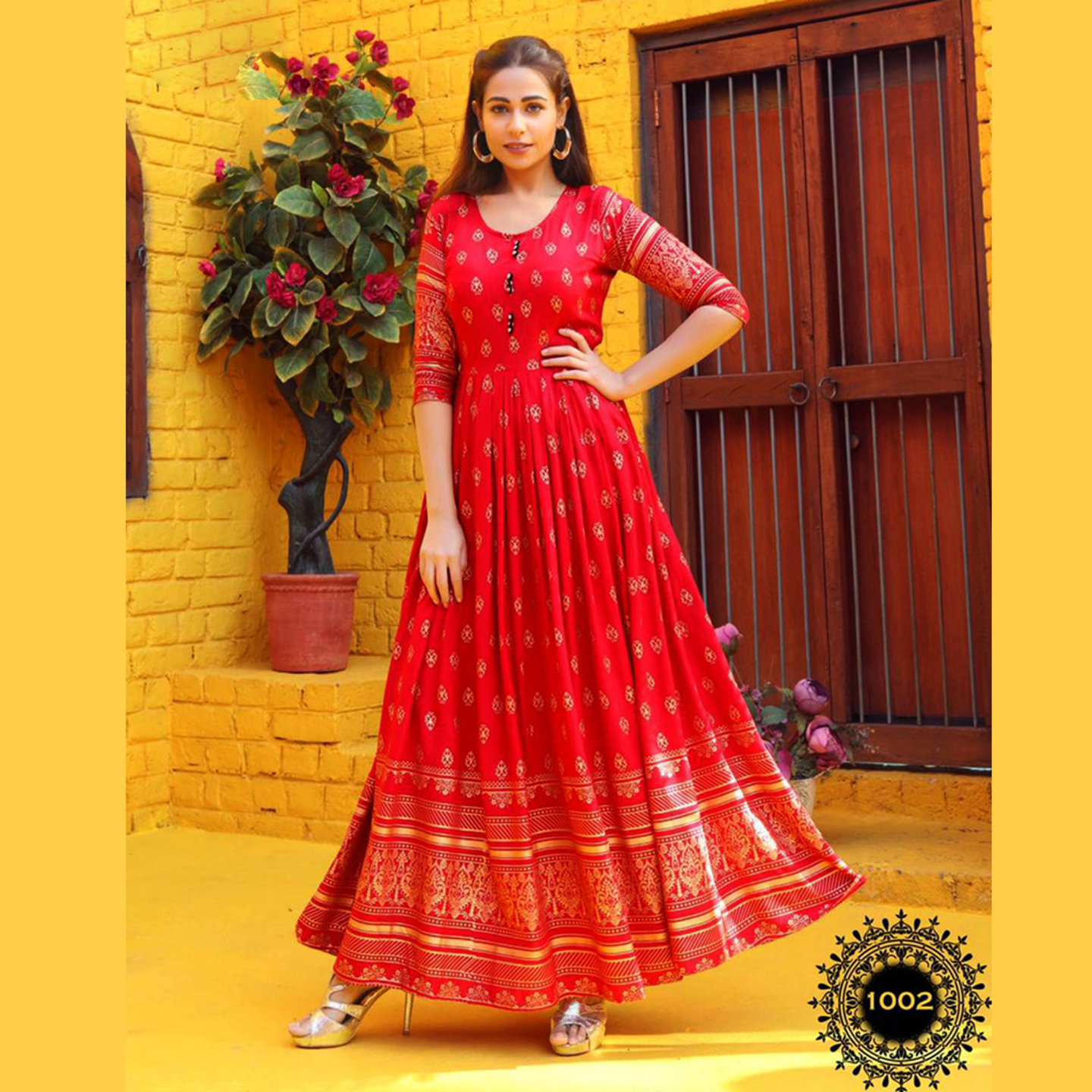 Talk By Fashion Heavy Gold Printed Flared Ethnic Wear Gown Kurtis