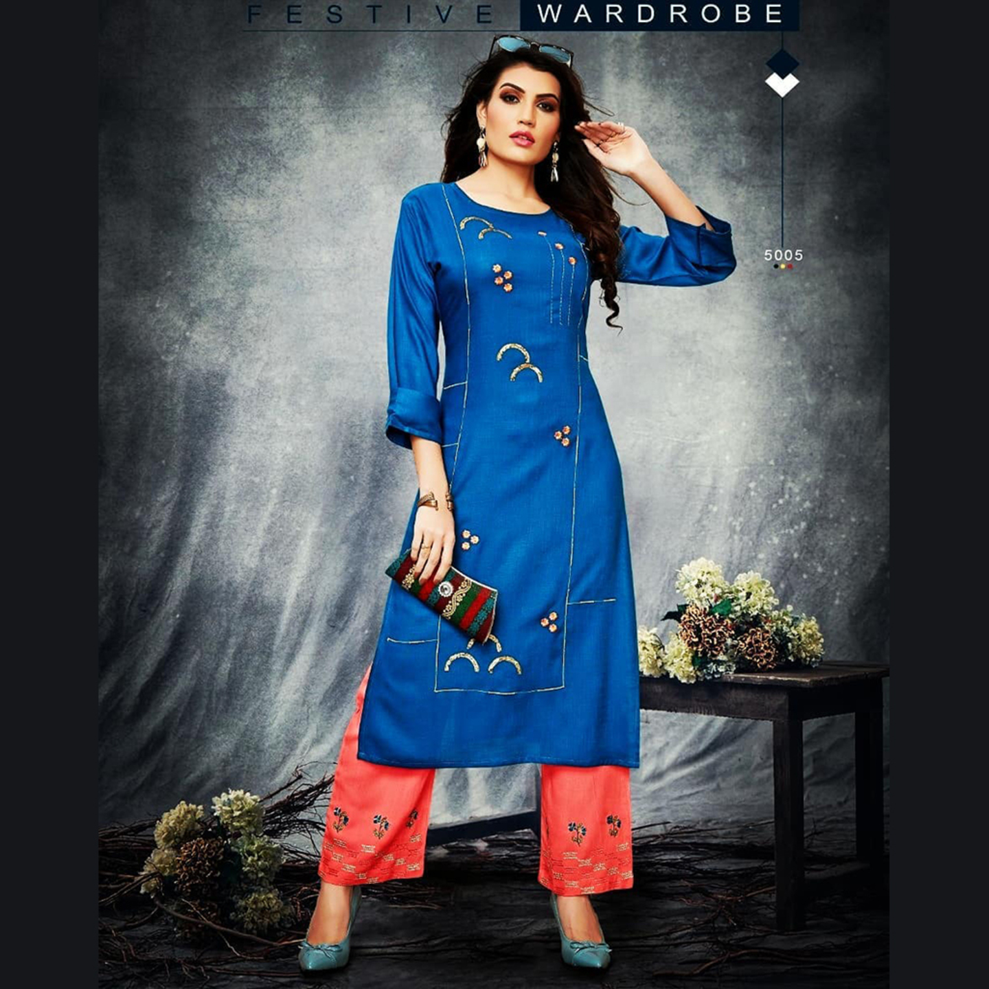 Talk By Fashion Women Embroidered Kurti with Palazzo Set Yellow