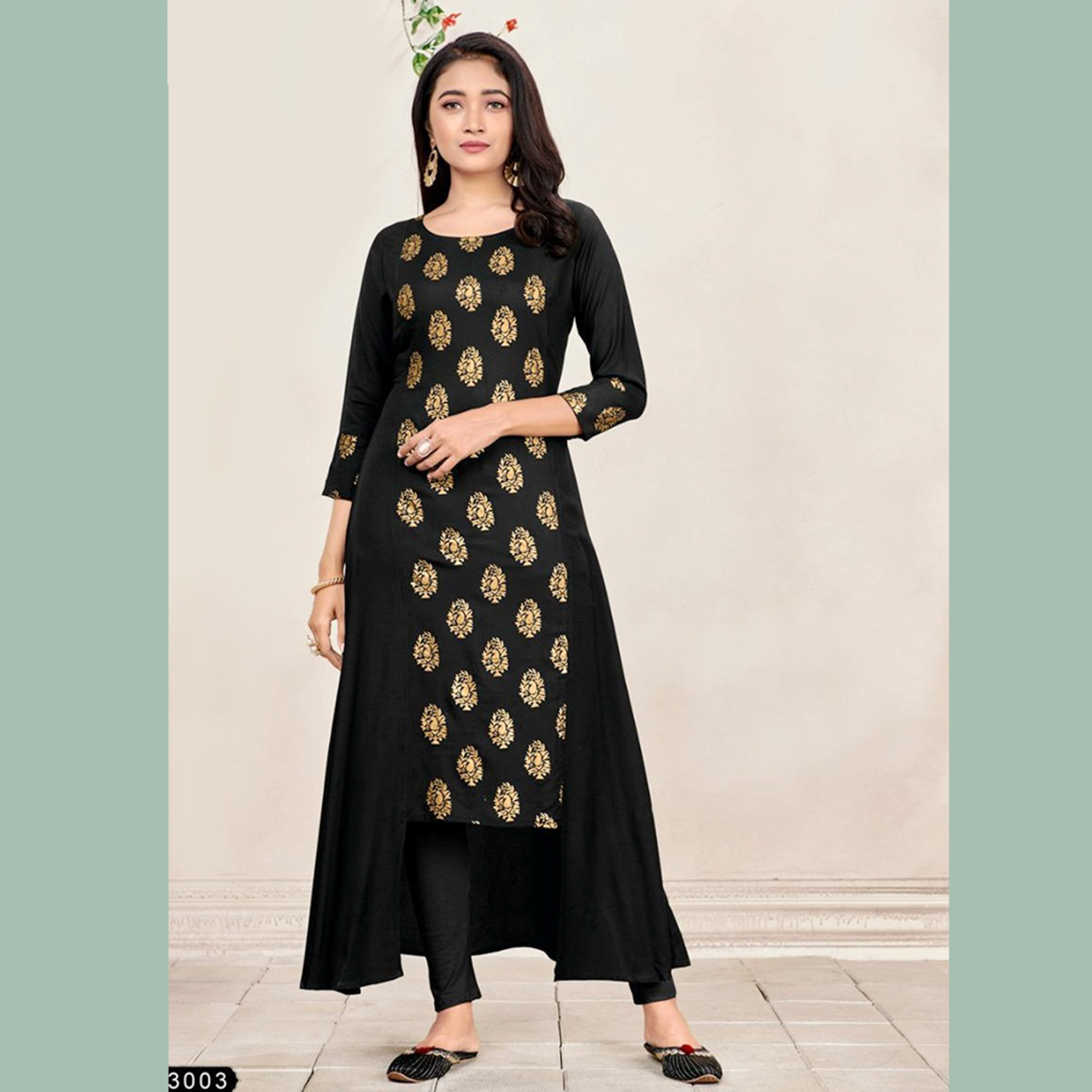 Talk By Fashion Women Soft Mal Mal Gold Foil Printed Long Top Black