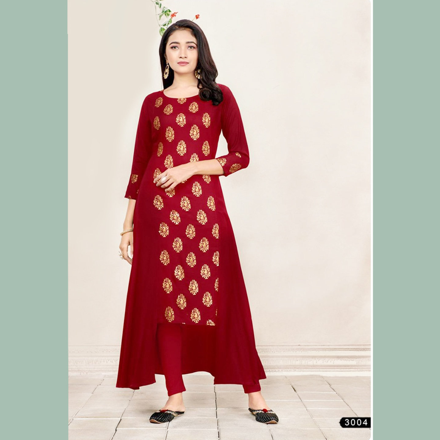 Talk By Fashion Women Soft Mal Mal Gold Foil Printed Long Top Maroon