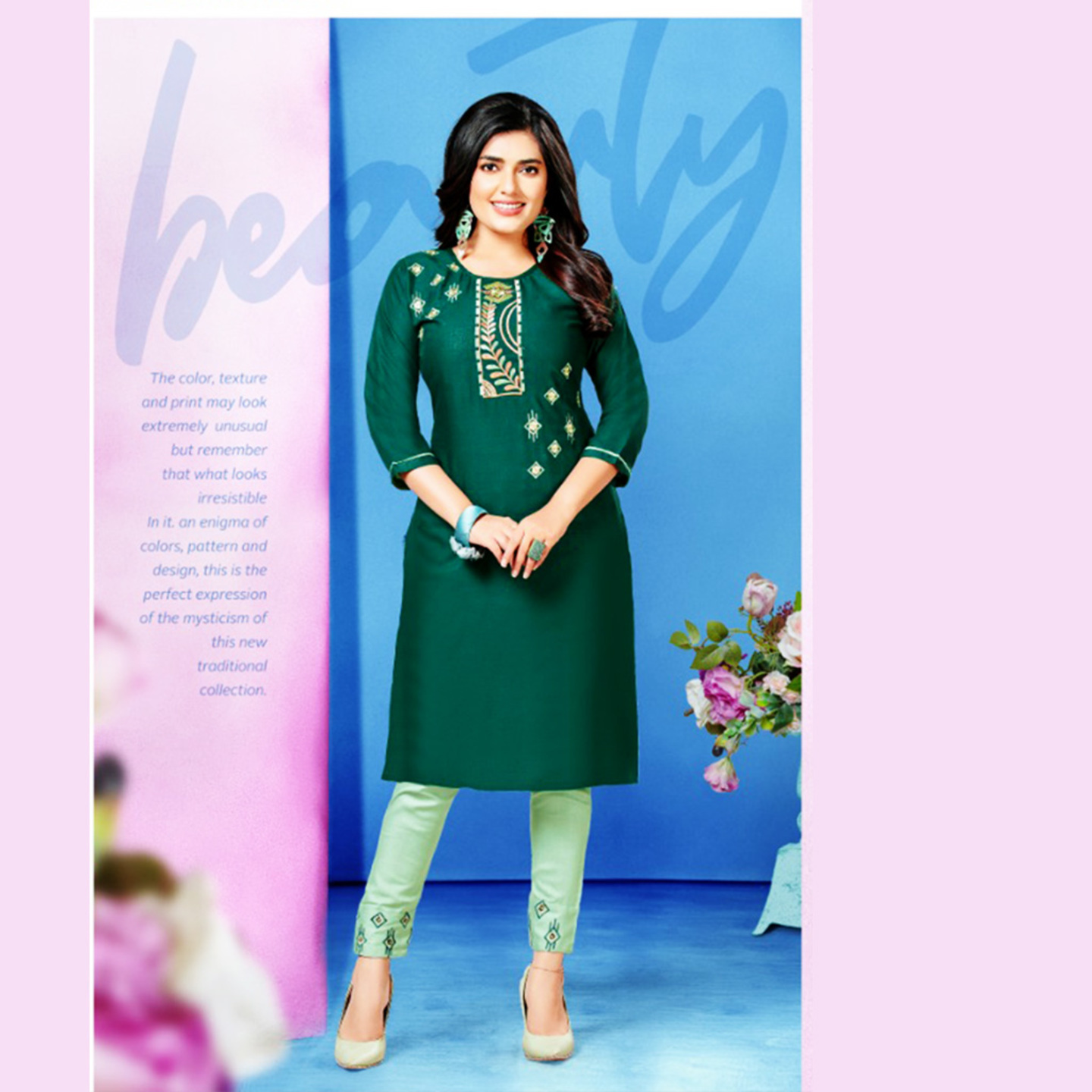 MAYRA Women Dark Sea Green Embroidered Straight Kurta with Pants