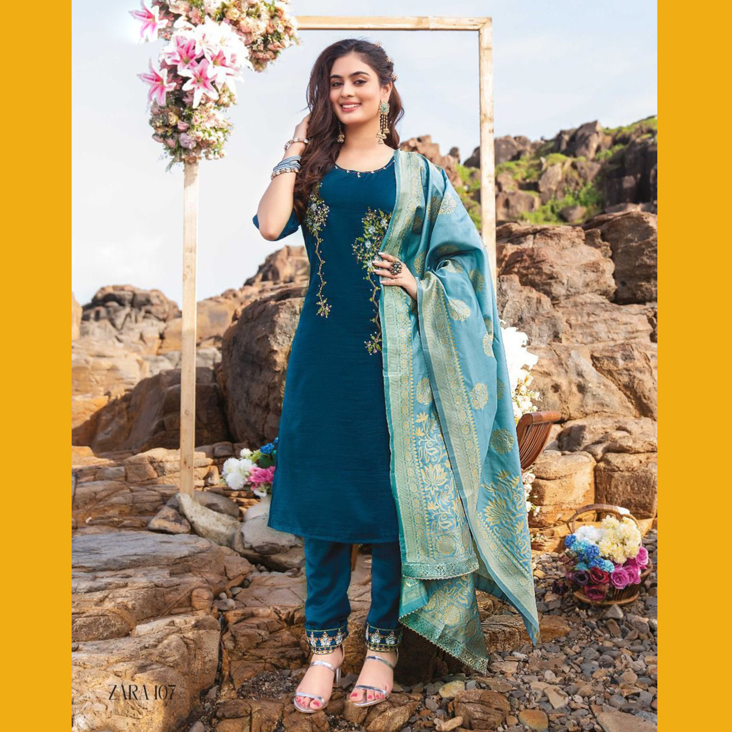 TALK BY FASHION Women Silk Embroidered Kurta with Pants & Dupatta Turquoise Blue
