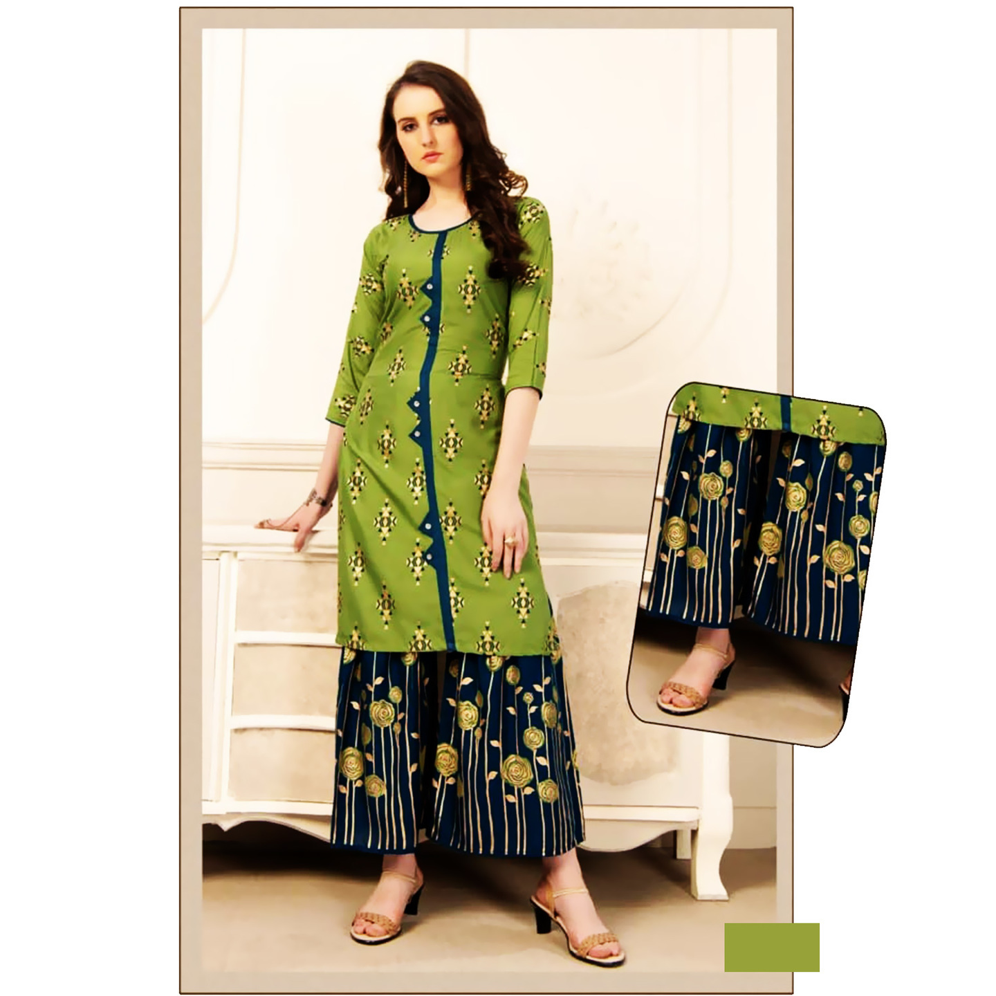 Talk By Fashion Women Rayon Gold Printed Kurti with Palazzo Set Green