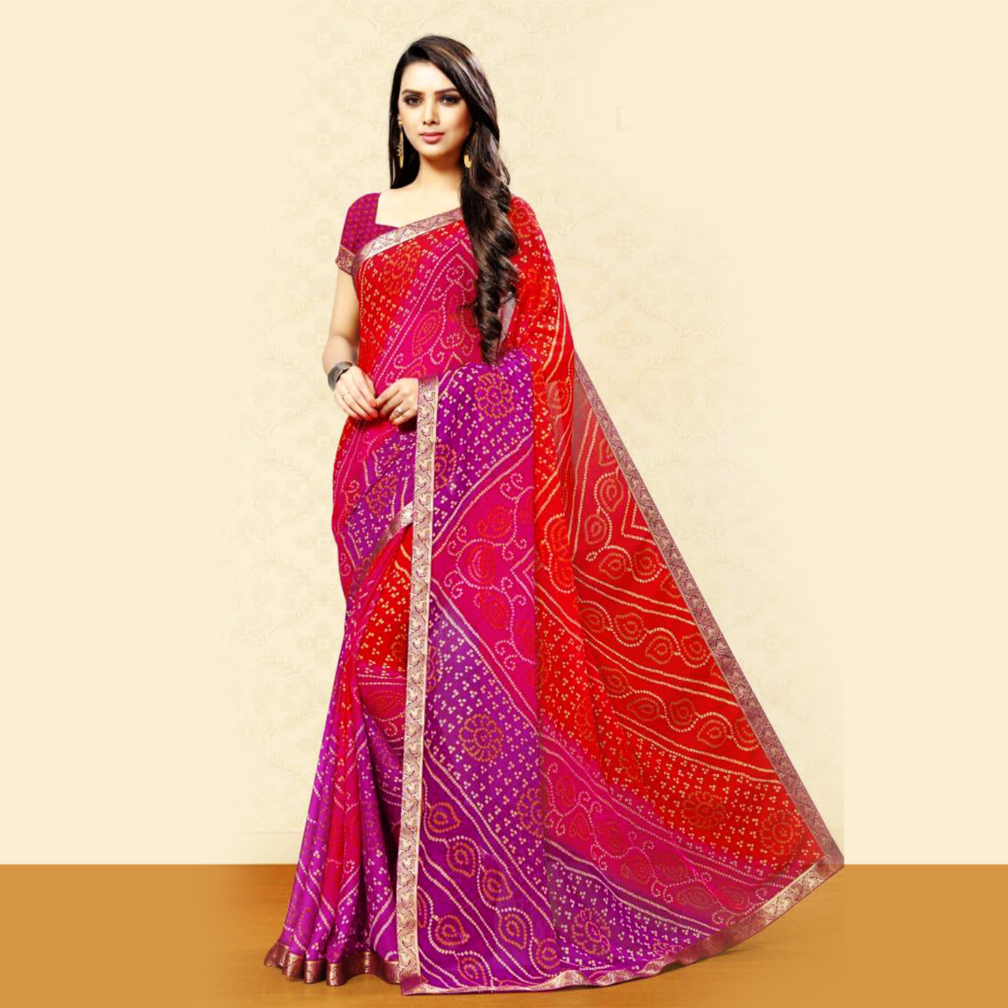 Talk By Fashion Women Chiffon Bandhani Print Saree Pink