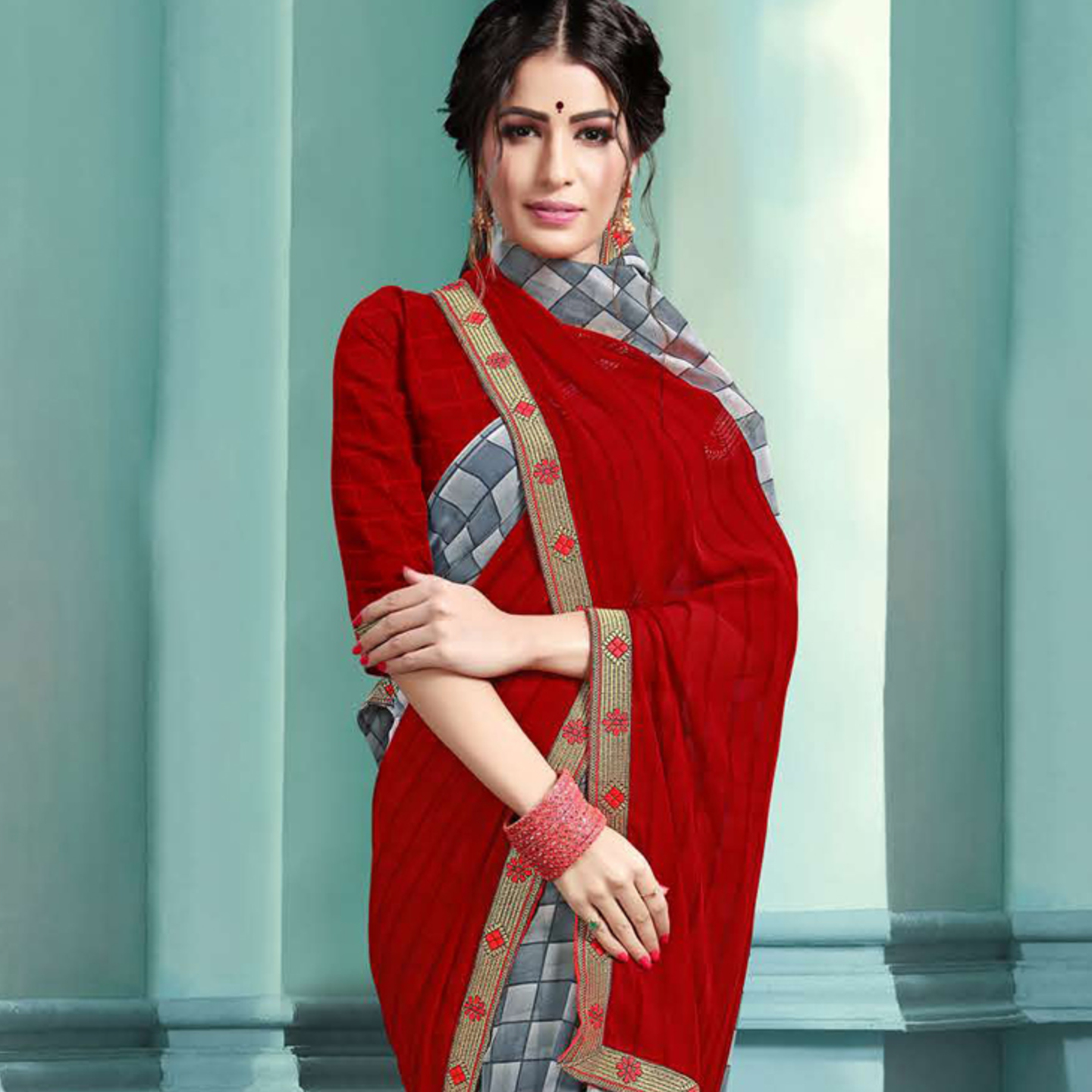 Talk By Fashion Women Soft Georgette Printed Saree Red multi