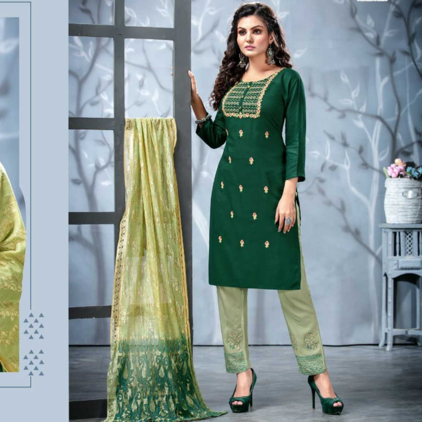 Kinti Presents Women Green Color Embroidered Kurta with Trousers & Dupatta