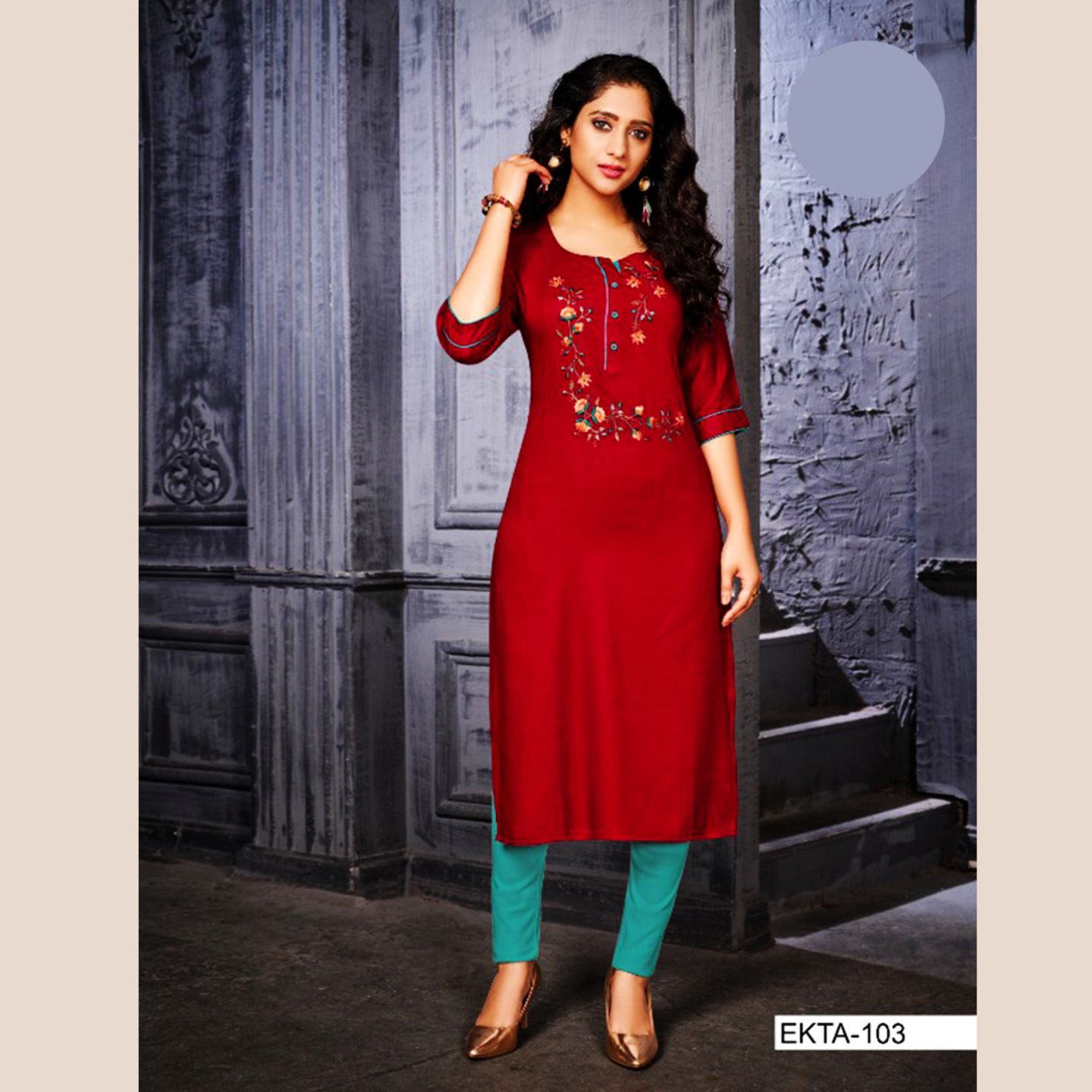 Talk By Fashion Women Cherry Maroon Embroidered Straight Kurti