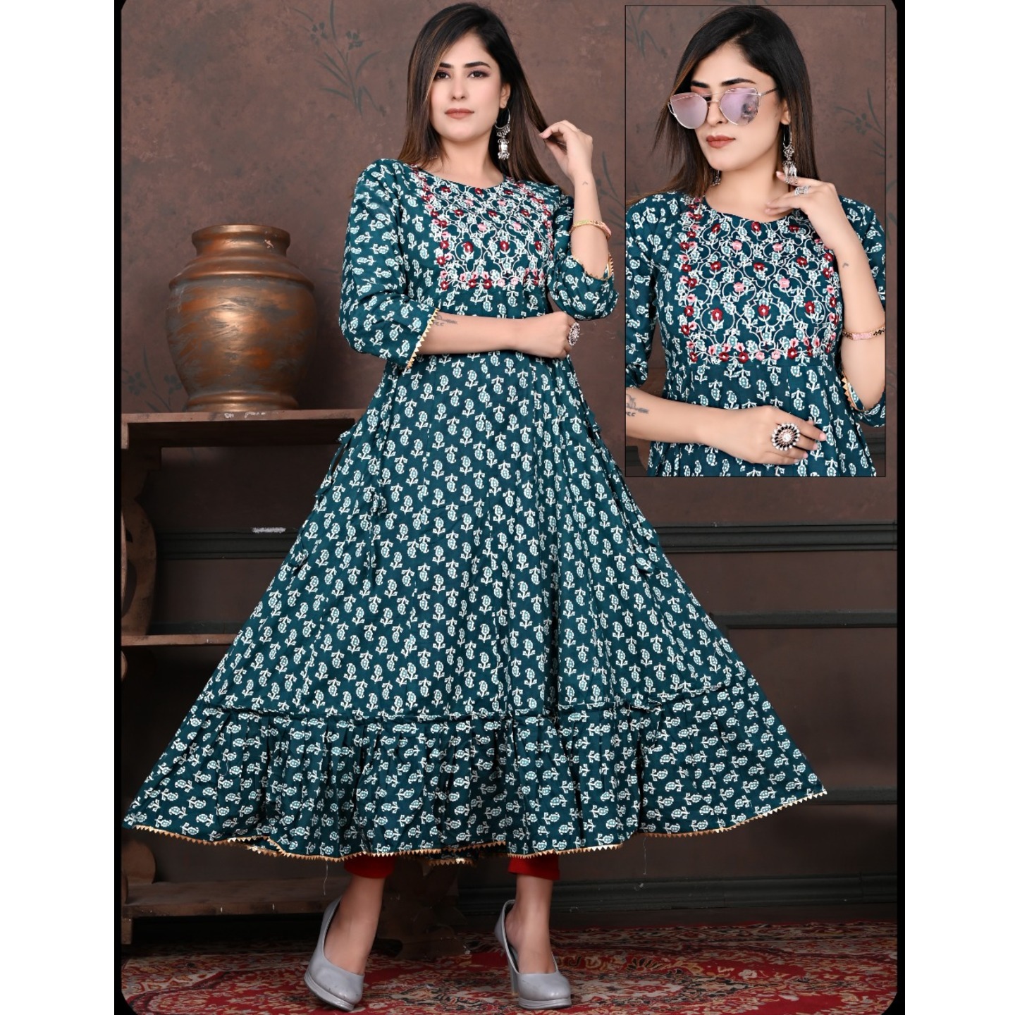 Women Blue Color Pure Cambric Cotton Printed Anarkali Kurti