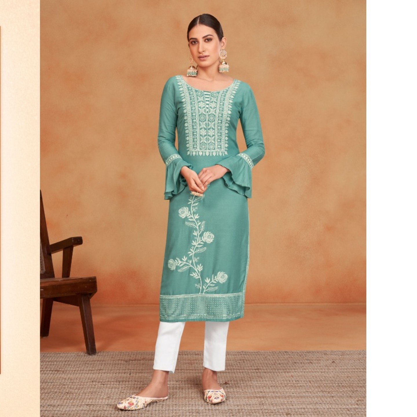 Talk By Fashion Women Cotton Lucknowi Chikan Embroidered Kurta with Pants