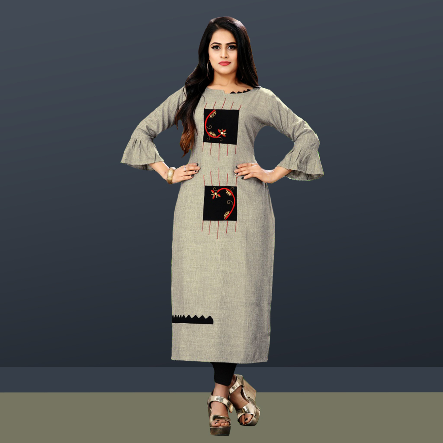 Talk By Fashion Women Heavy Soft Cotton Embroidered Kurti Gray