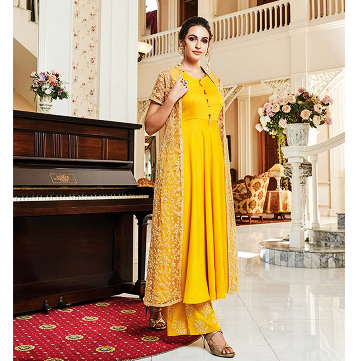 Talk By Fashion Women Heavy Muslin Embroidered Anarkali Suit Set Yellow