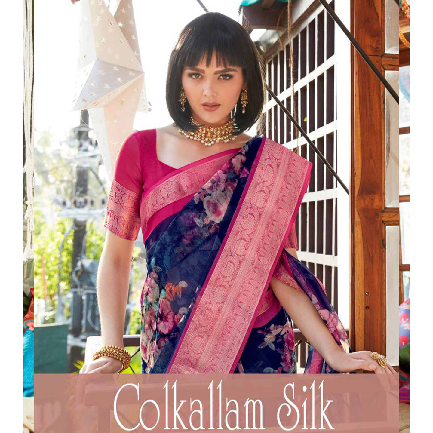 TALK BY FASHION Womens Kollam Silk Organza Saree with Blouse Pink