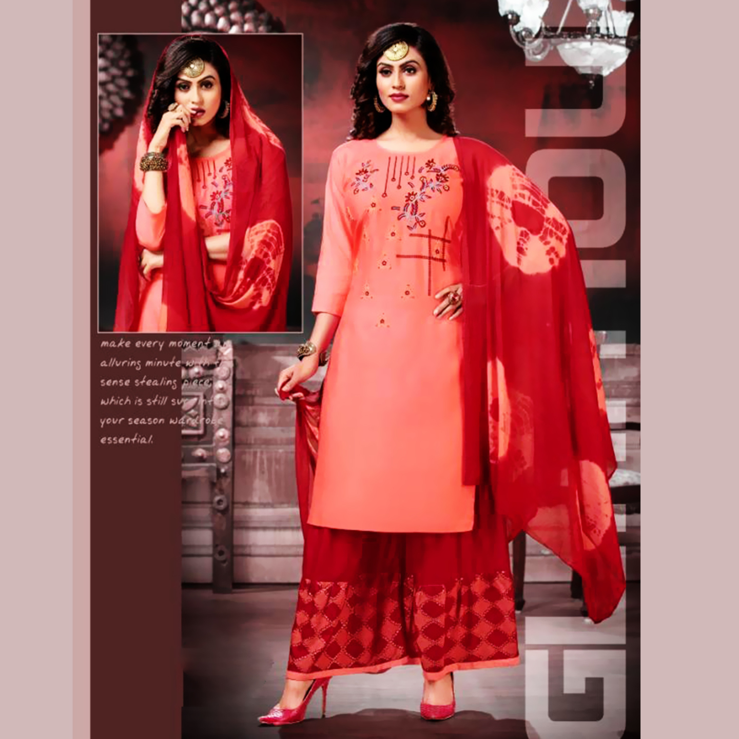 Talk By Fashion Women Heavy Rayon Kurti with Palazzo Dupatta Set Red