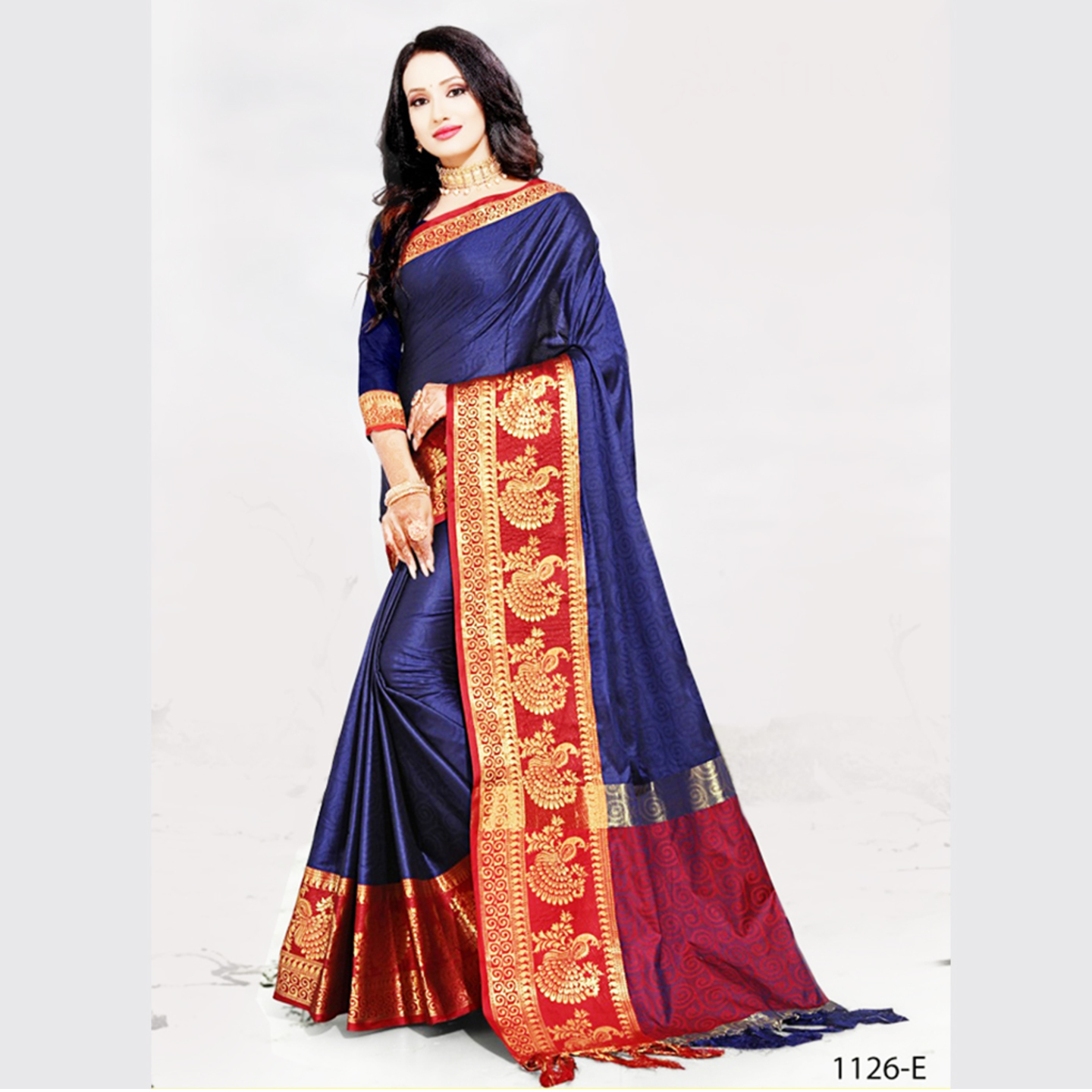 Talk By Fashion Women Cotton Silk Banarasi Saree Dark Blue Red