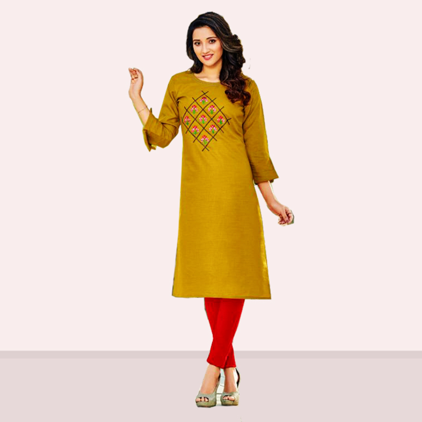 Talk By Fashion Women Cotton Slub Embroidered Kurti Mustered Yellow