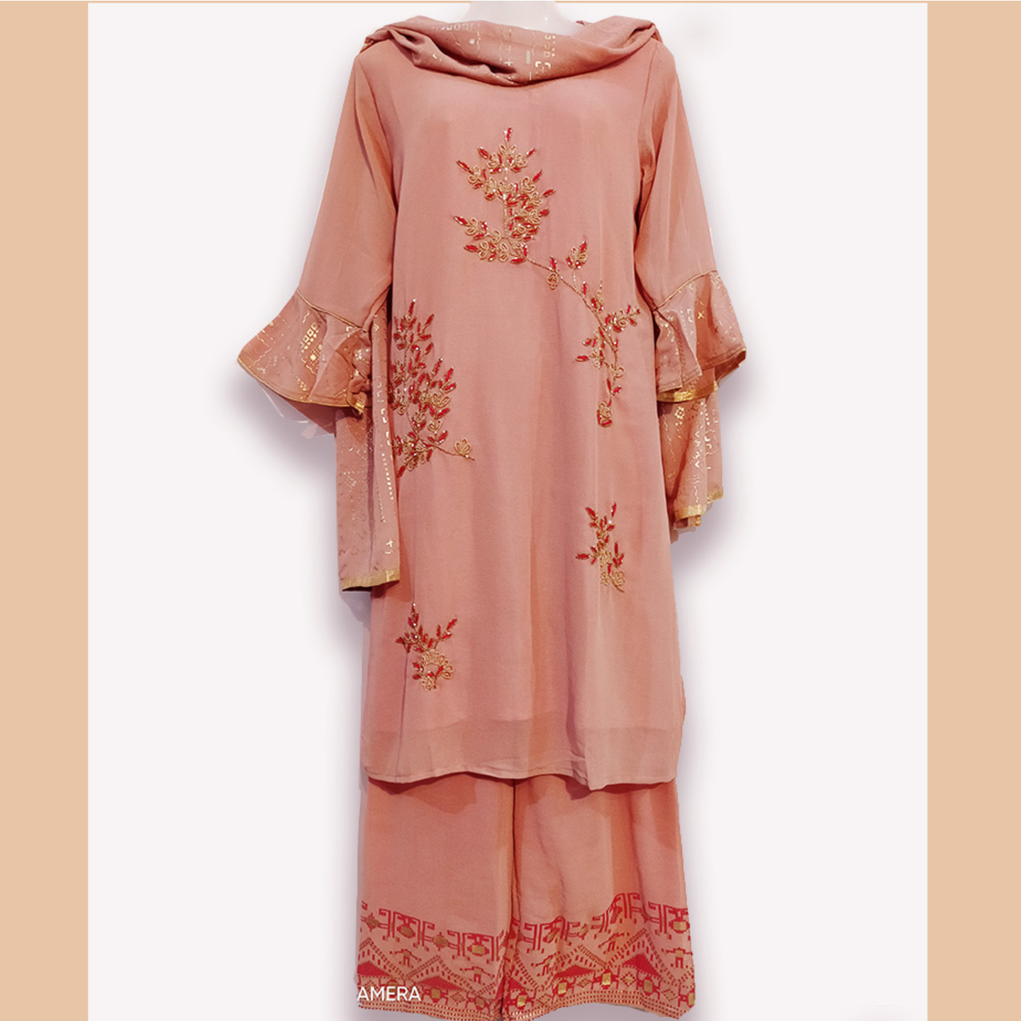 Women Baby Pink Color Hand Embroidered Kurta Set