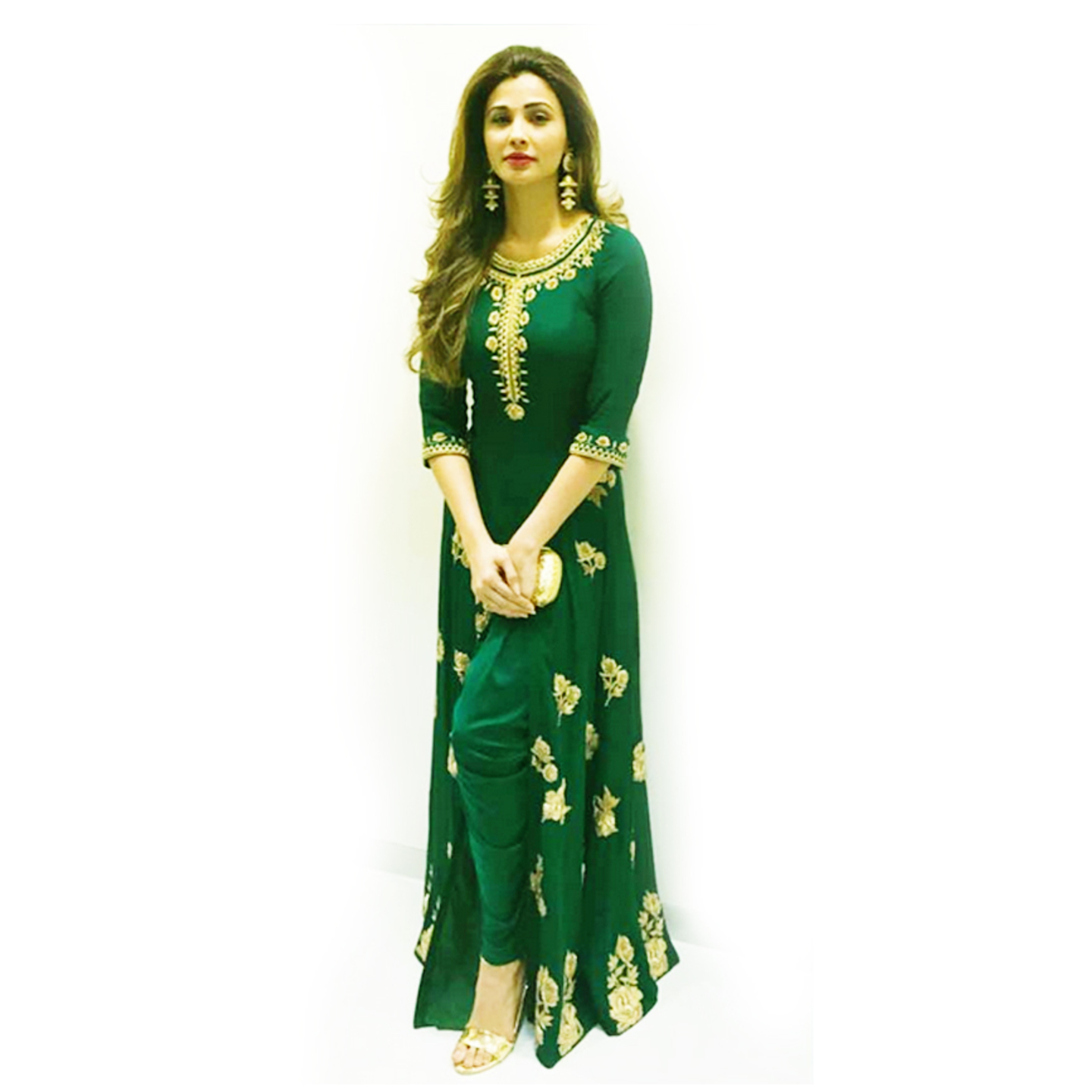TBF Gold Printed Green Dress Material for Women
