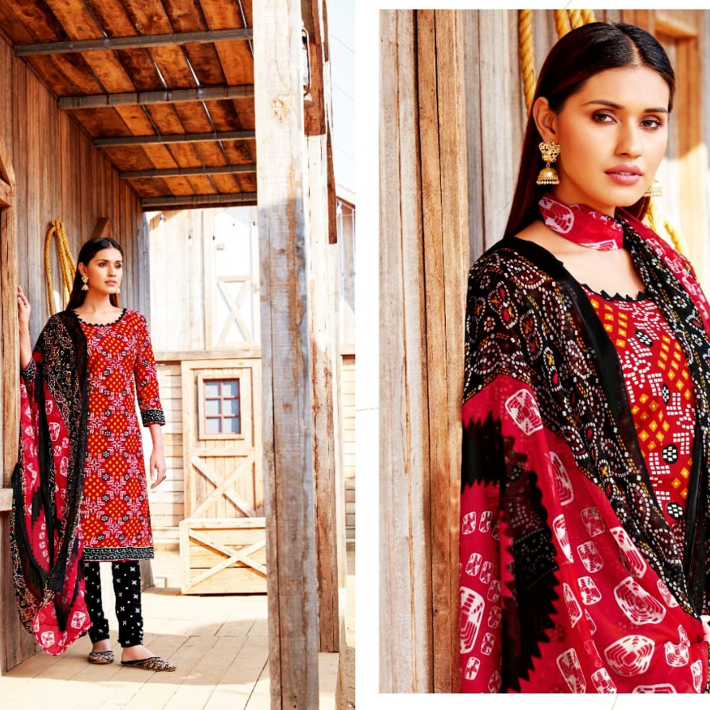 KIA Red & Black Cotton Bandhani Print Unstitched Dress Material
