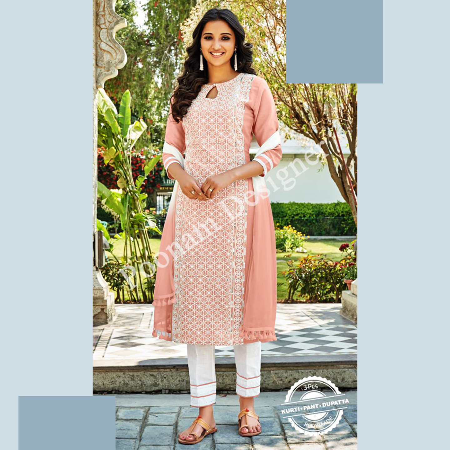 Women Peach & White Lucknowi Cotton Kurta with Trousers & Dupatta