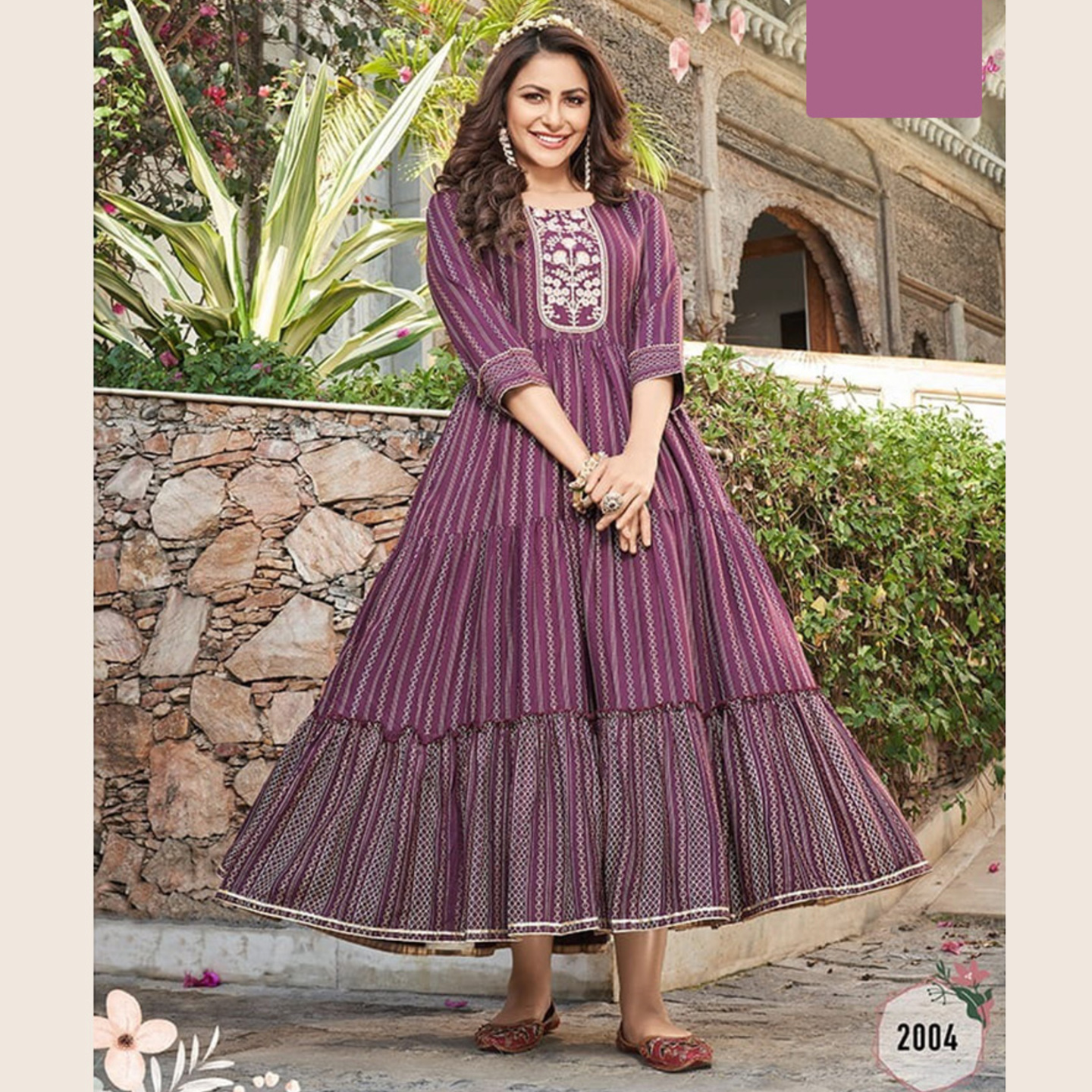 TBF Women Purple Color Printed Flare Cotton Anarkali Kurti