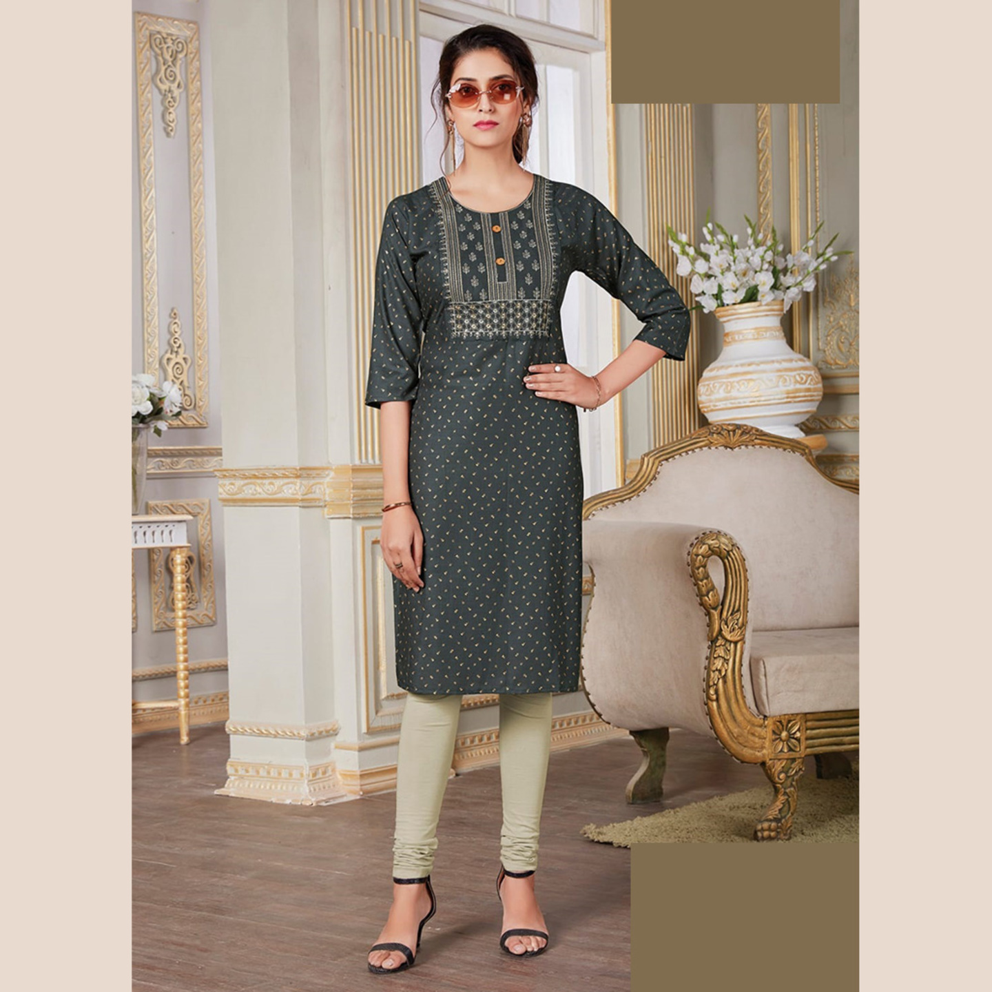 Talk By Fashion Women Grey Yoke Design Straight Kurti