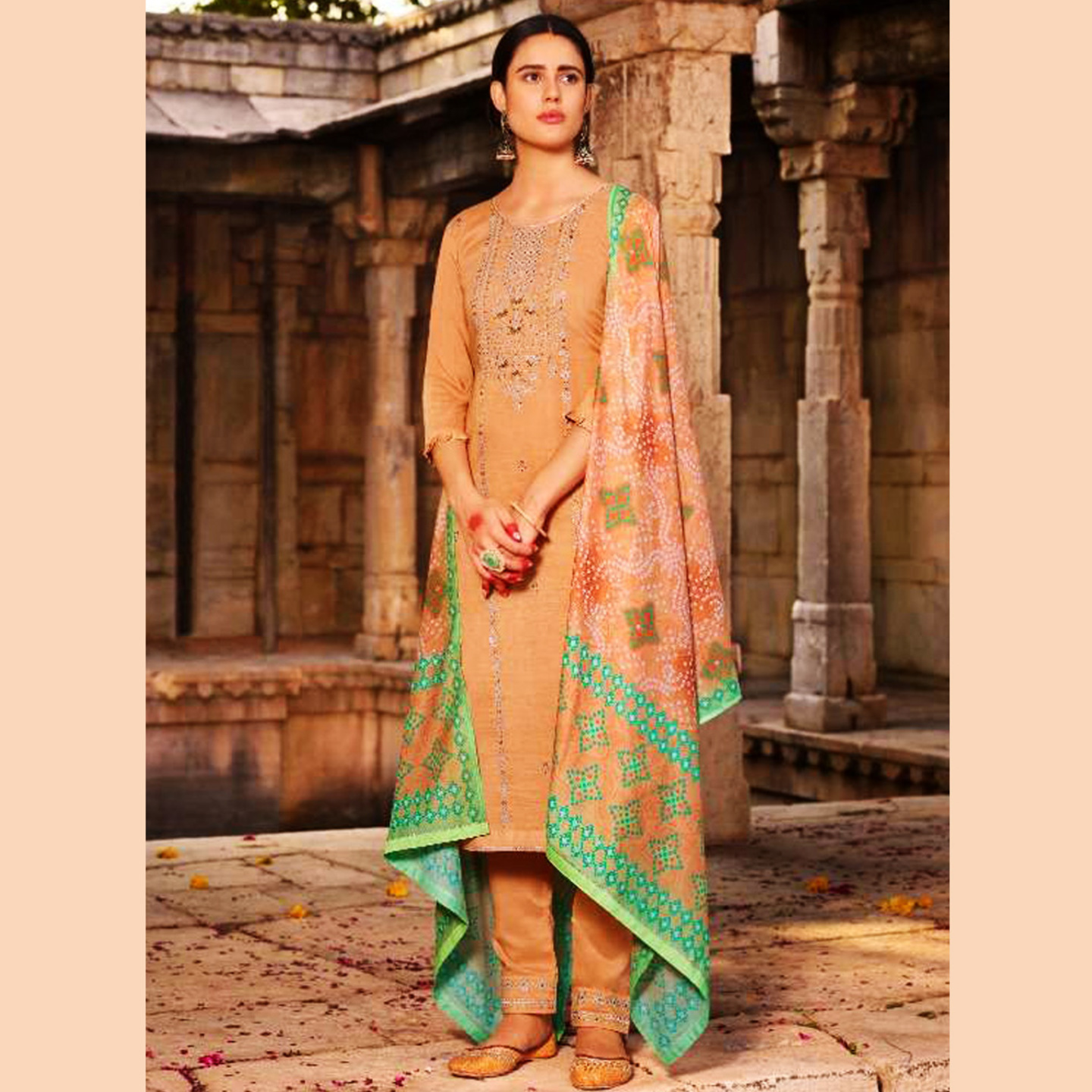 Talk By Fashion Women Light Peach Silk Linen Kurta Pants with Dupatta Set