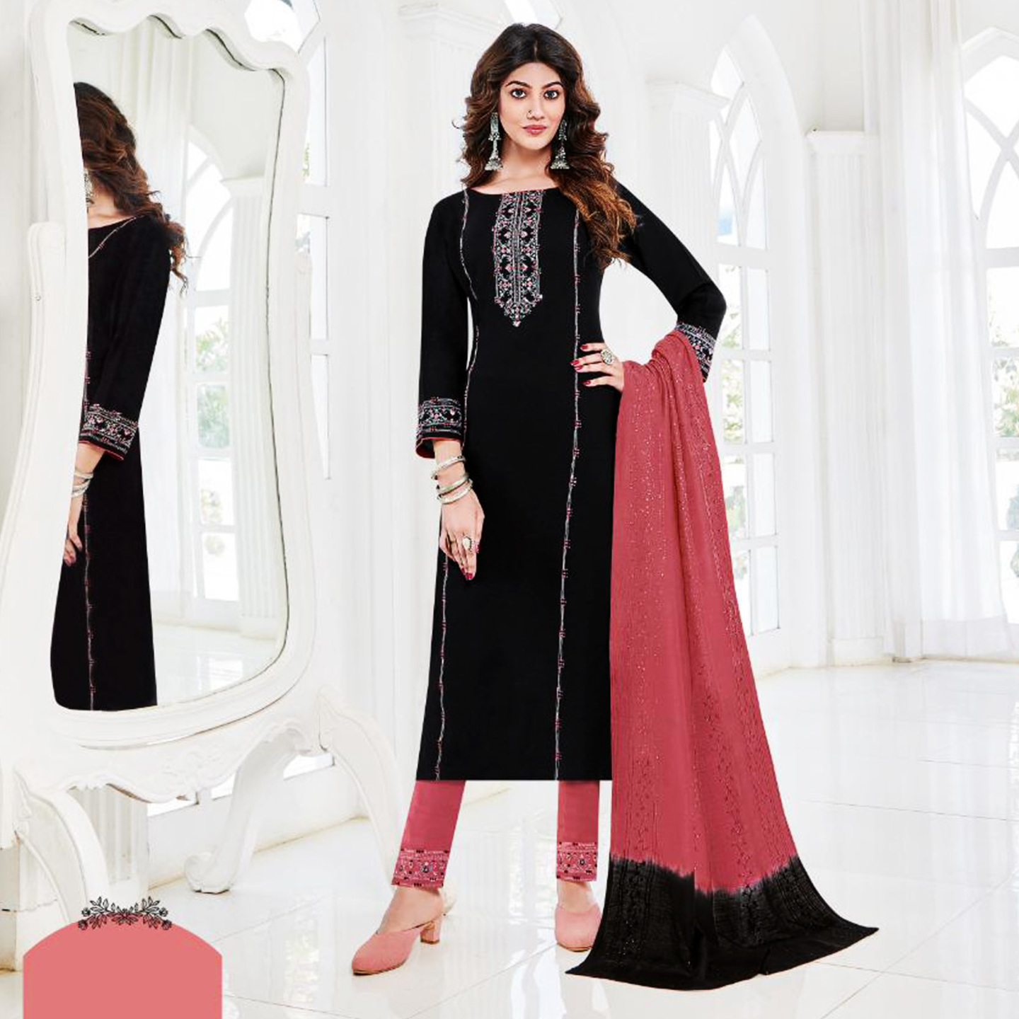TALK BY FASHION Women Embroidered Kurta with Pants & Dupatta Black & Pink color