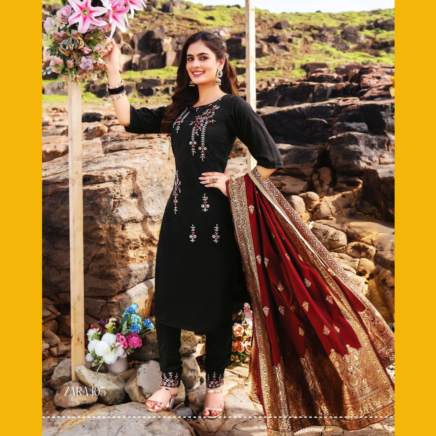 TALK BY FASHION Women Silk Embroidered Kurta with Pants & Dupatta Black