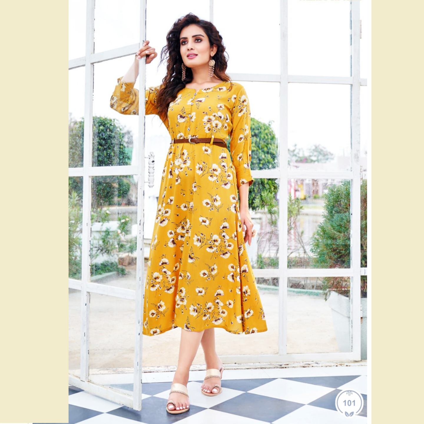 Liva Fashion Women Pure Viscose Floral Print Fancy Long Midi Dress Light Yellow