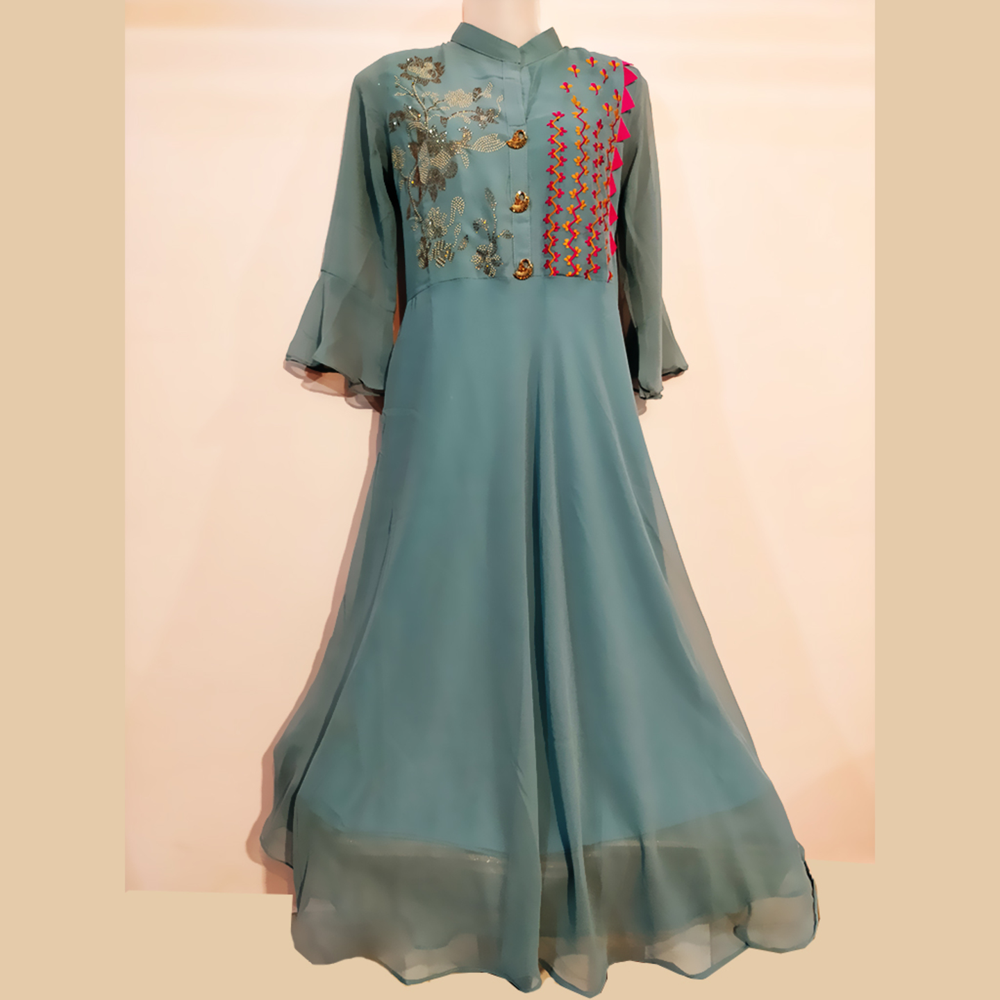 Women Light Pastel Blue Color Anarkali Embroidered Flared Kurti
