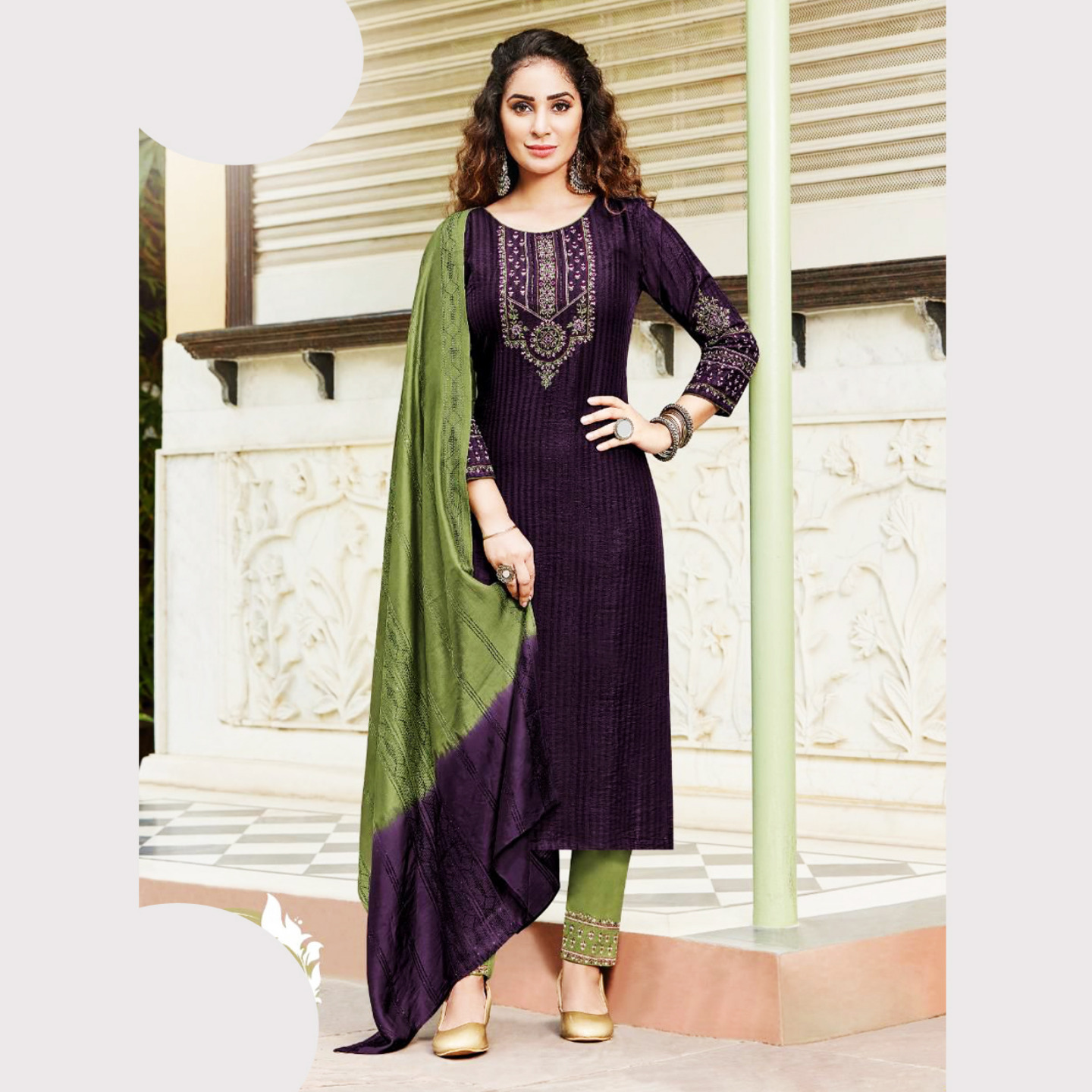 TALK BY FASHION Women Viscose Silk Kurta Sets with Trousers & Dupatta Purple & Green