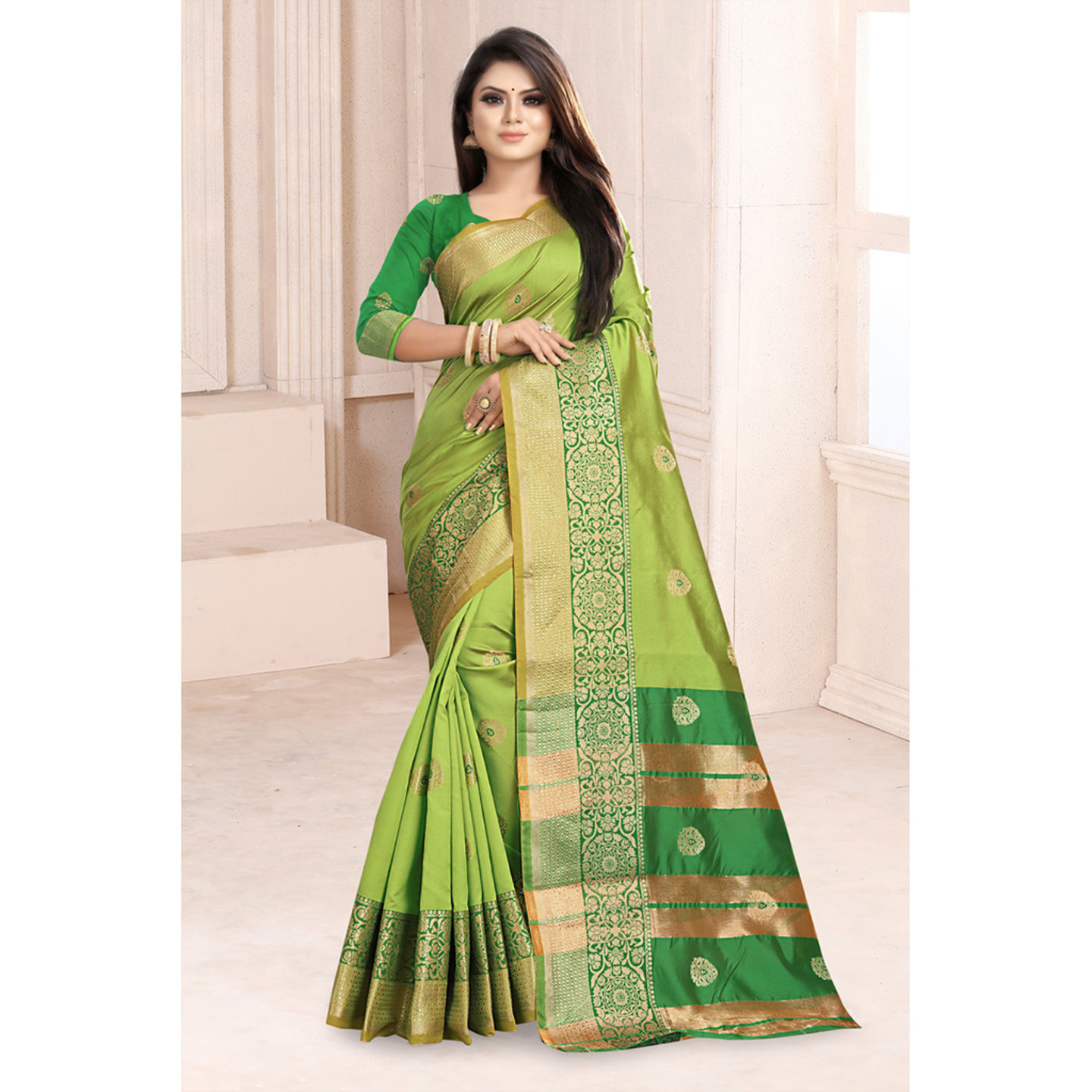 Talk By Fashion Women Cotton Silk Festive Wear Banarasi Saree Green