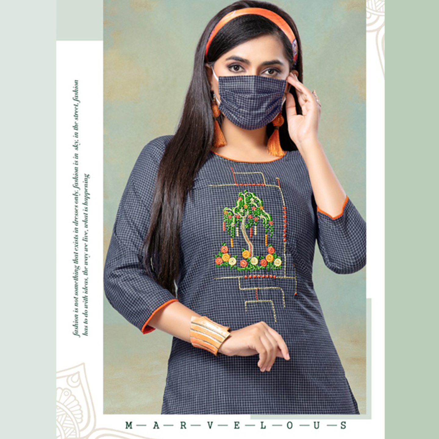 Talk By Fashion Women Soft Cotton Embroidered Kurti with mask Navy Blue