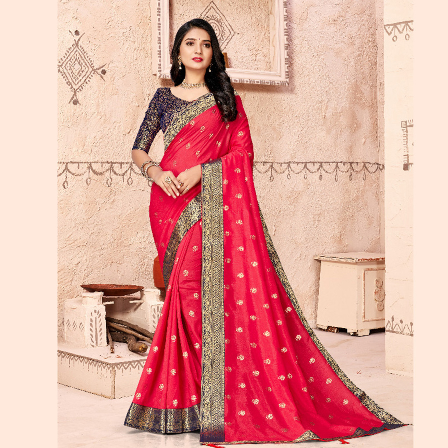 Talk By Fashion Women Vichitra Silk Wedding Wear Saree Pink with Mask