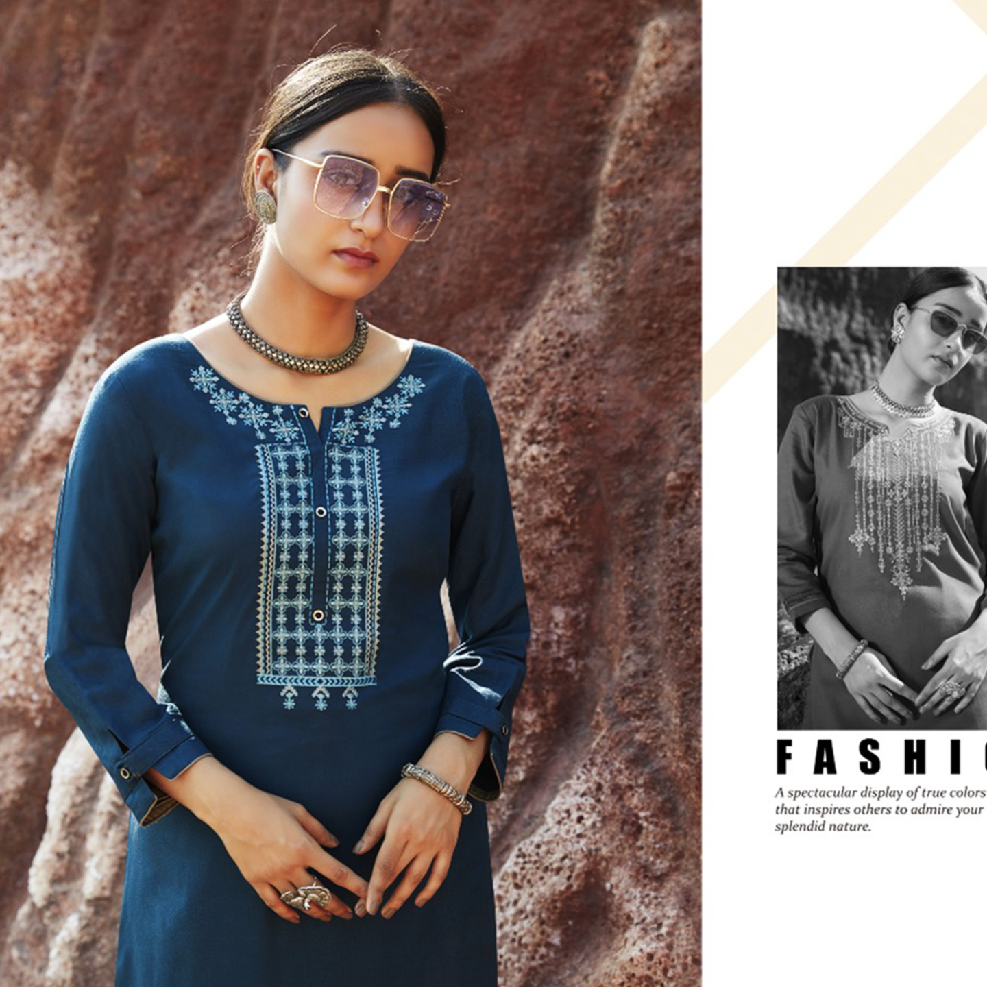 Talk By Fashion Women Seamless Pattern Embroidered Heavy Long Kurti Blue