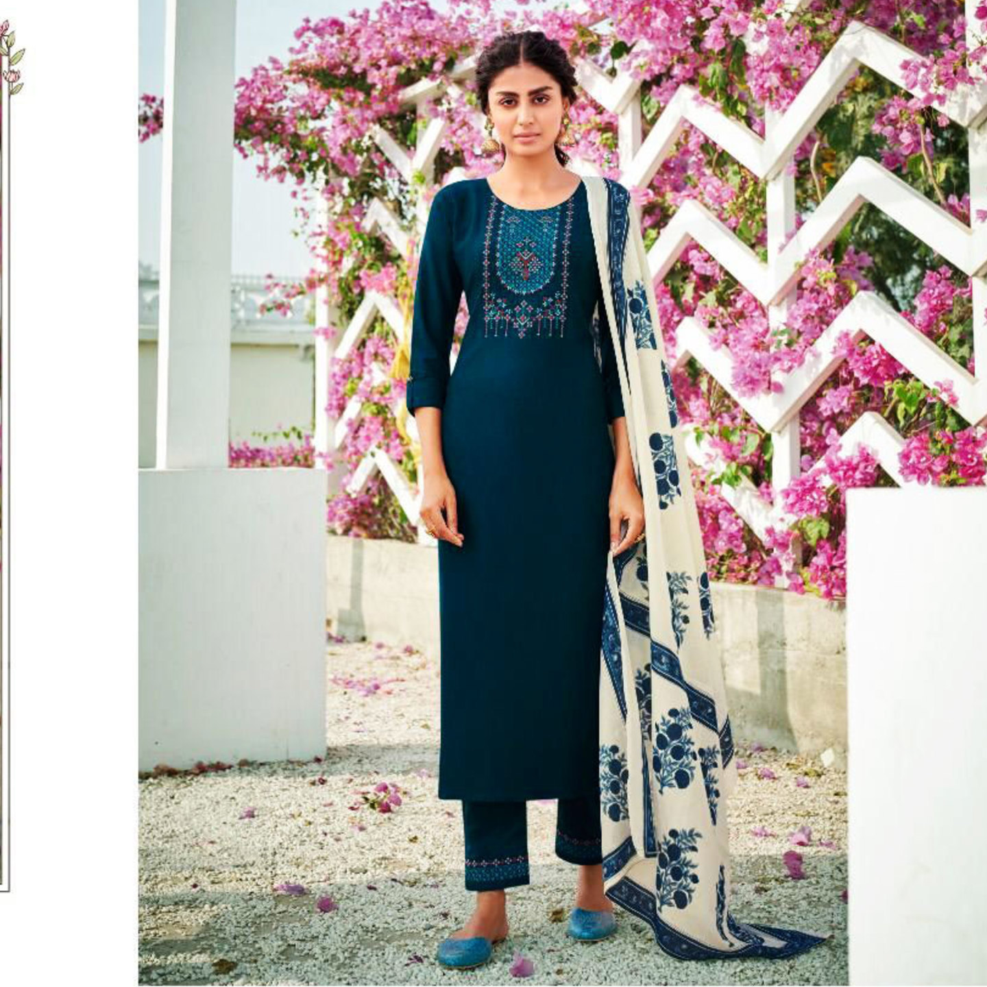Talk By Fashion Women Chinon Silk Embroidered Kurta with Pants & Dupatta Blue