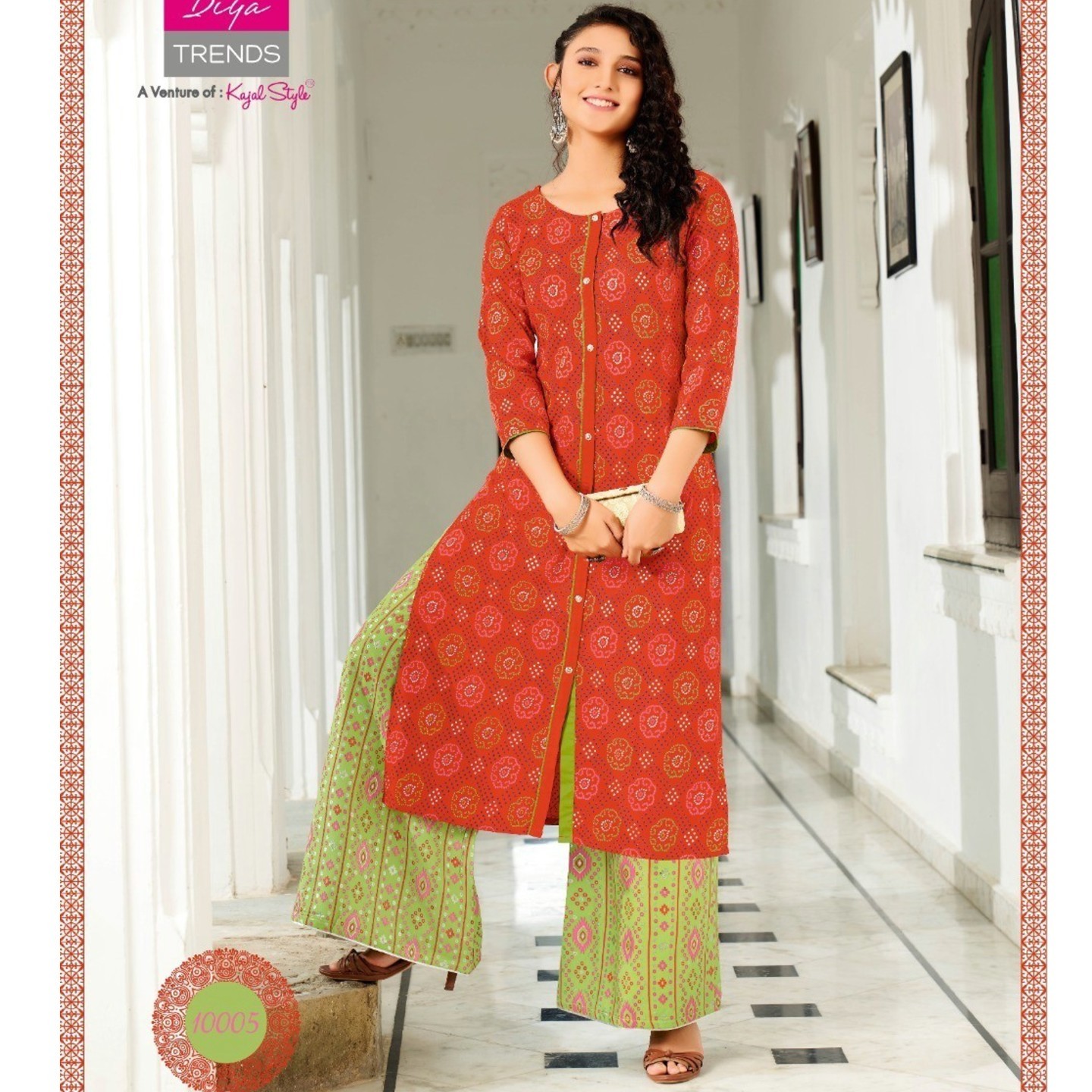 Diya Trends Women Dark Orange Color Foil Printed Kurta with Flared Palazzos