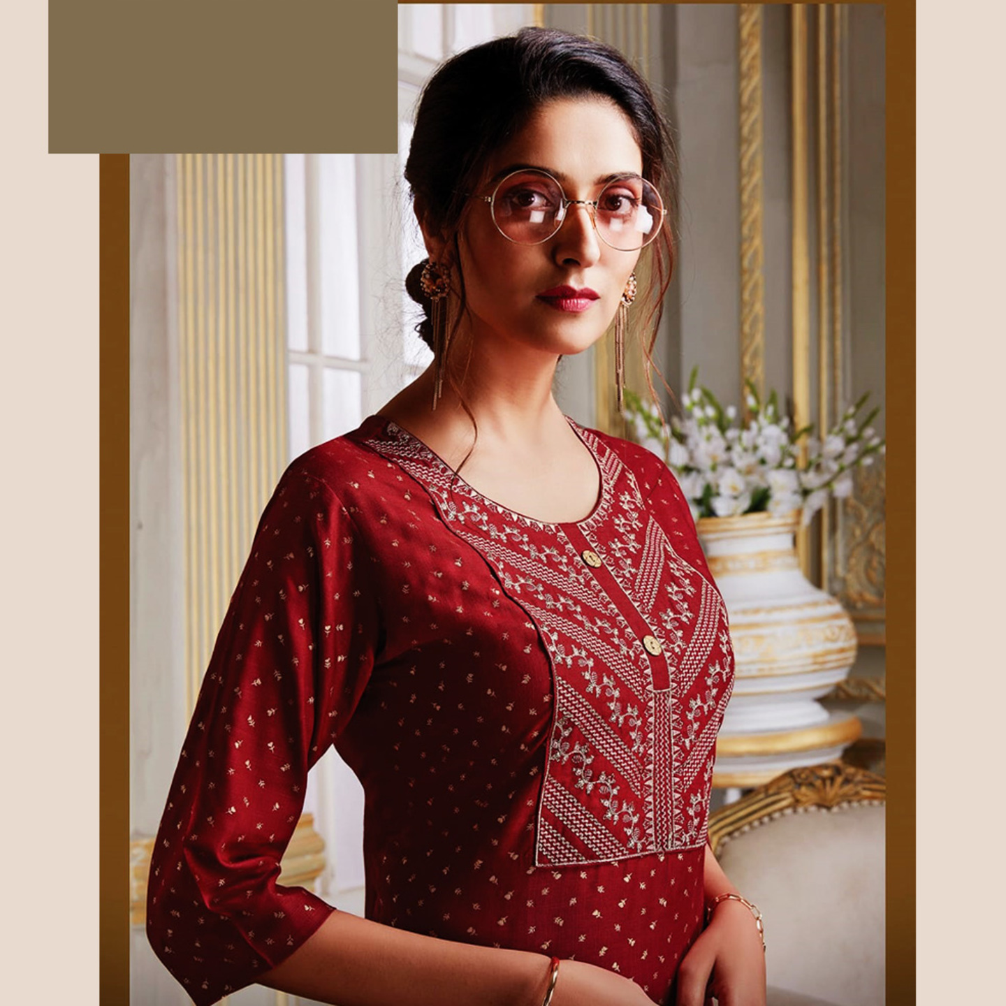 Talk By Fashion Women Cherry Maroon Yoke Design Straight Kurti