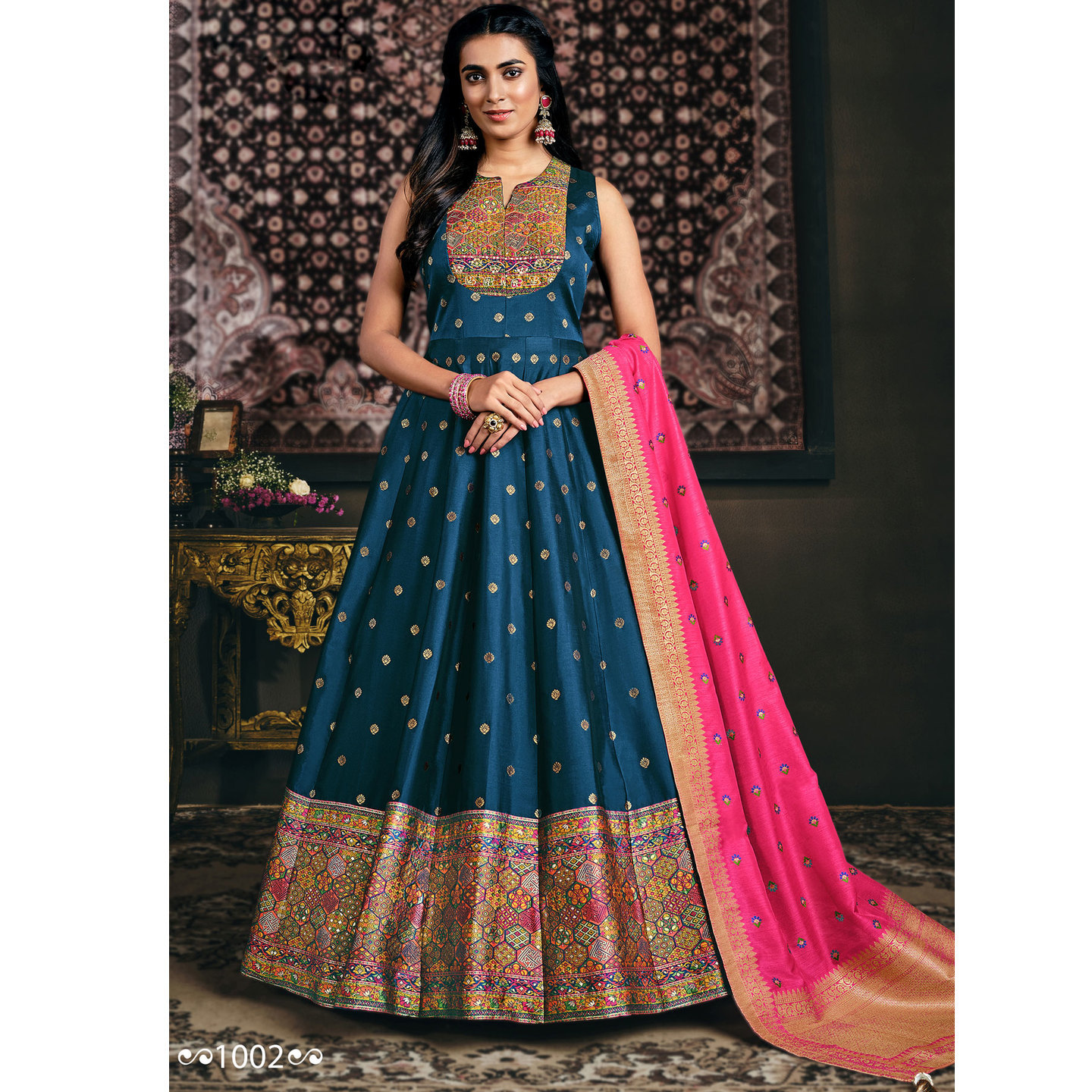 Talk By Fashion Women Dark Blue Printed Anarkali Gown with Dupatta Set