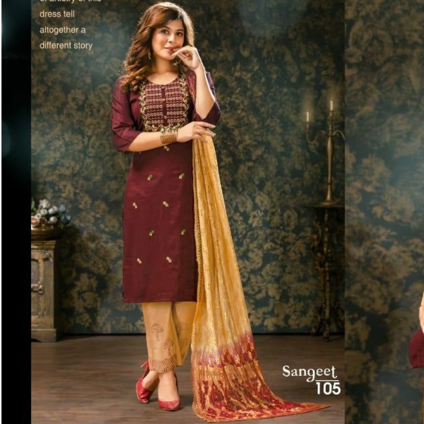 Women Dark Choco & Beige Color Embroidered Cotton Kurta with Trousers & Dupatta