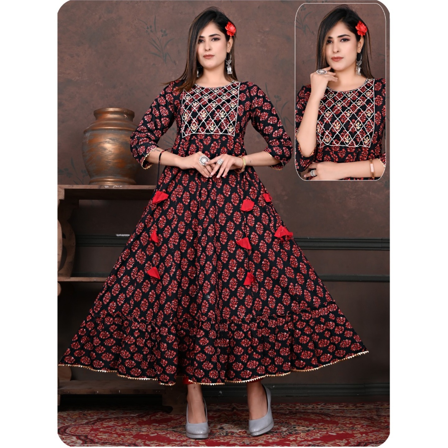 Women Printed Maroon & Black Color Pure Cambric Cotton Anarkali Kurti