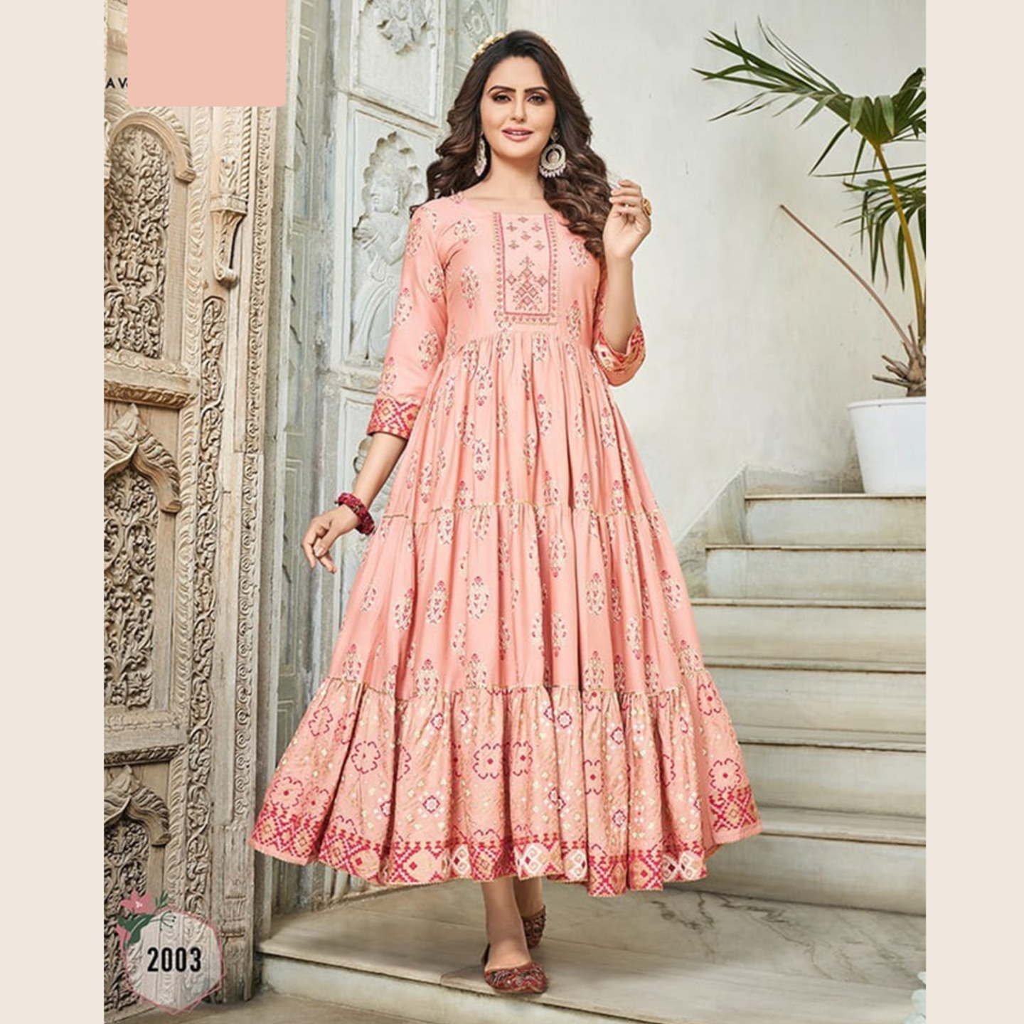 TBF Women light Baby Pink Color Printed Flare Cotton Anarkali Kurti